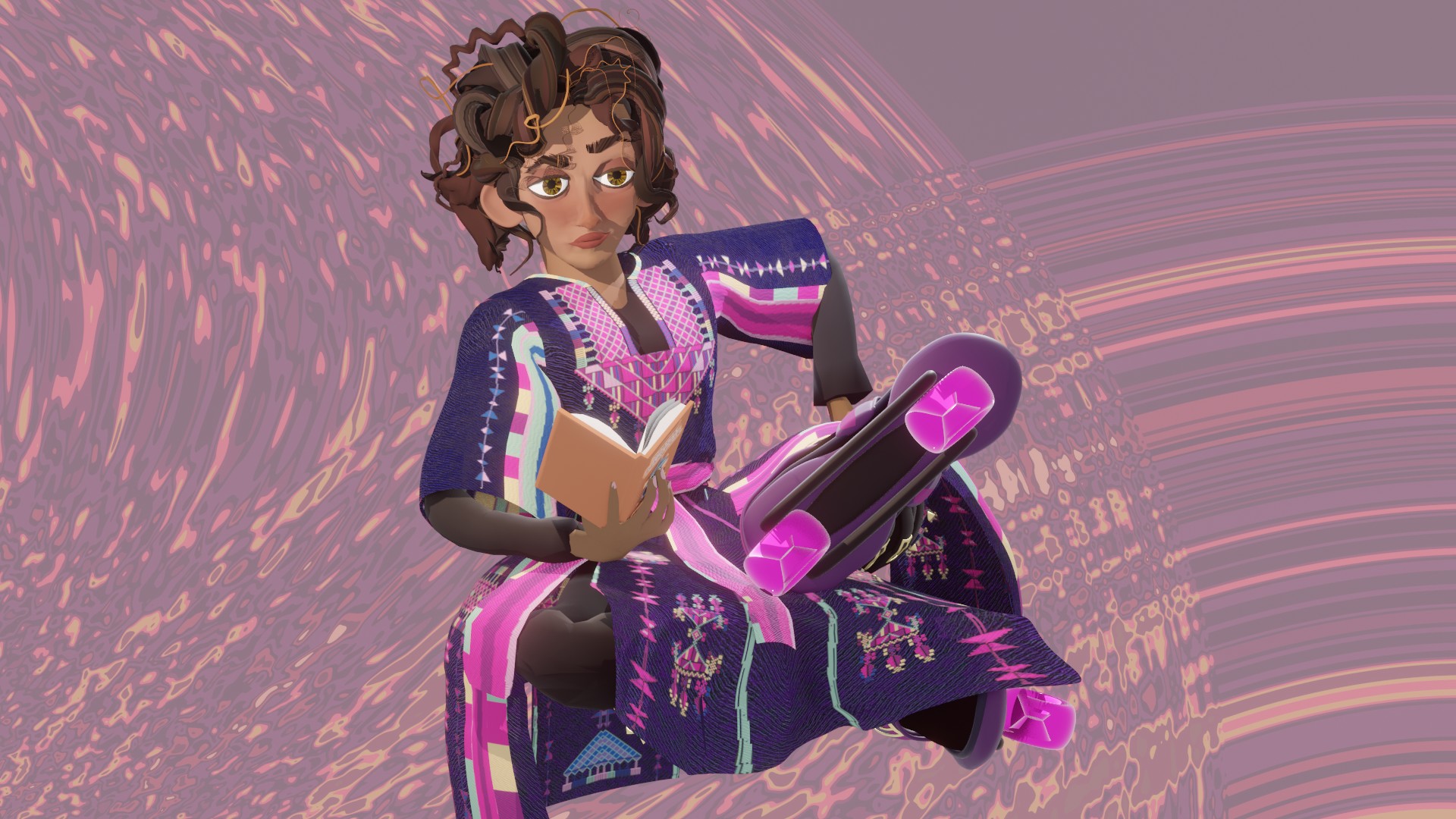 Digital illustration of person with brown curly hair in purple and pink futuristic outfit holding cylindrical object against swirled purple background.