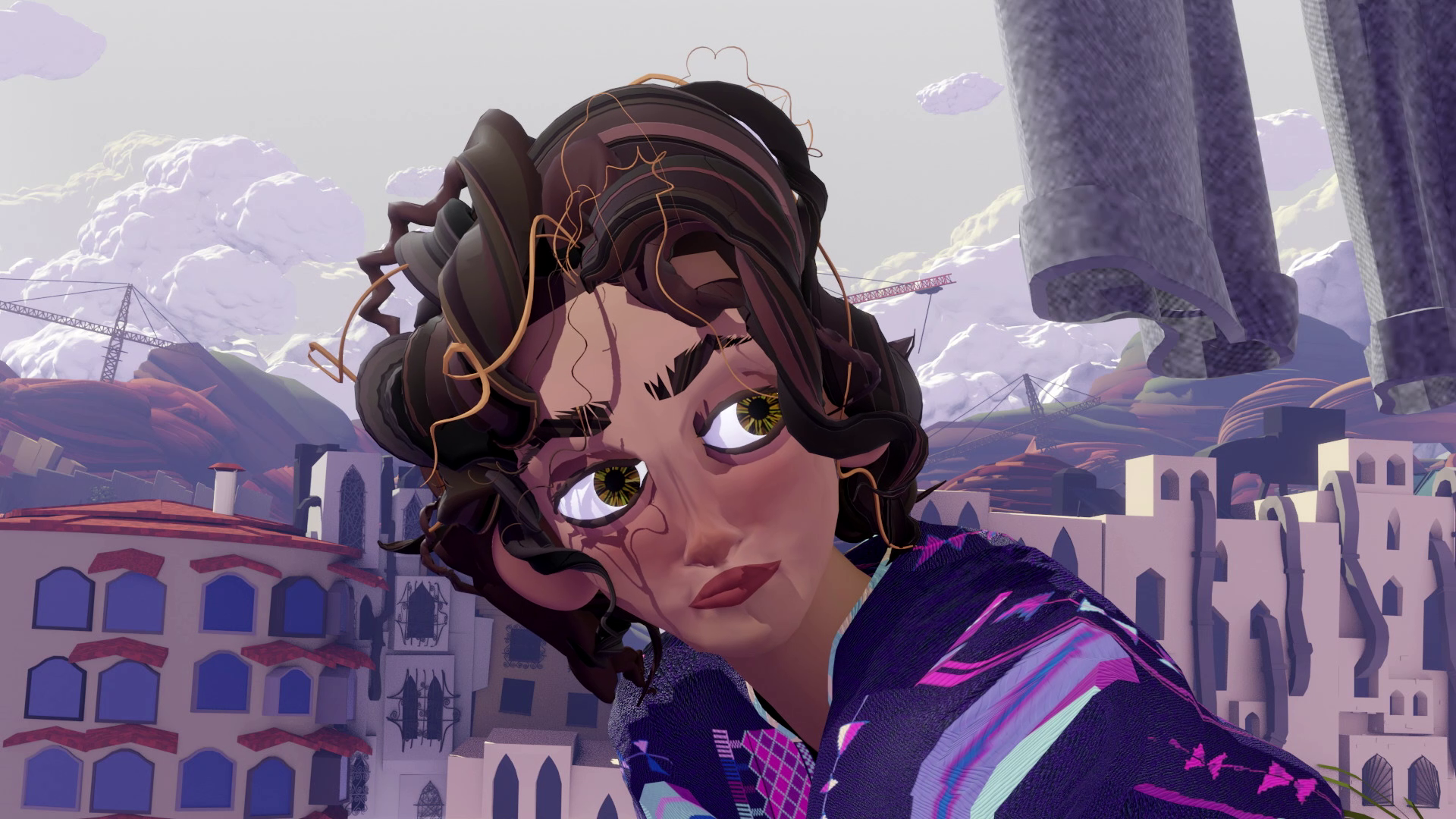 Illustration of woman with dark curly hair and brown skin in purple clothing against cityscape background with lavender sky and architectural structures.
