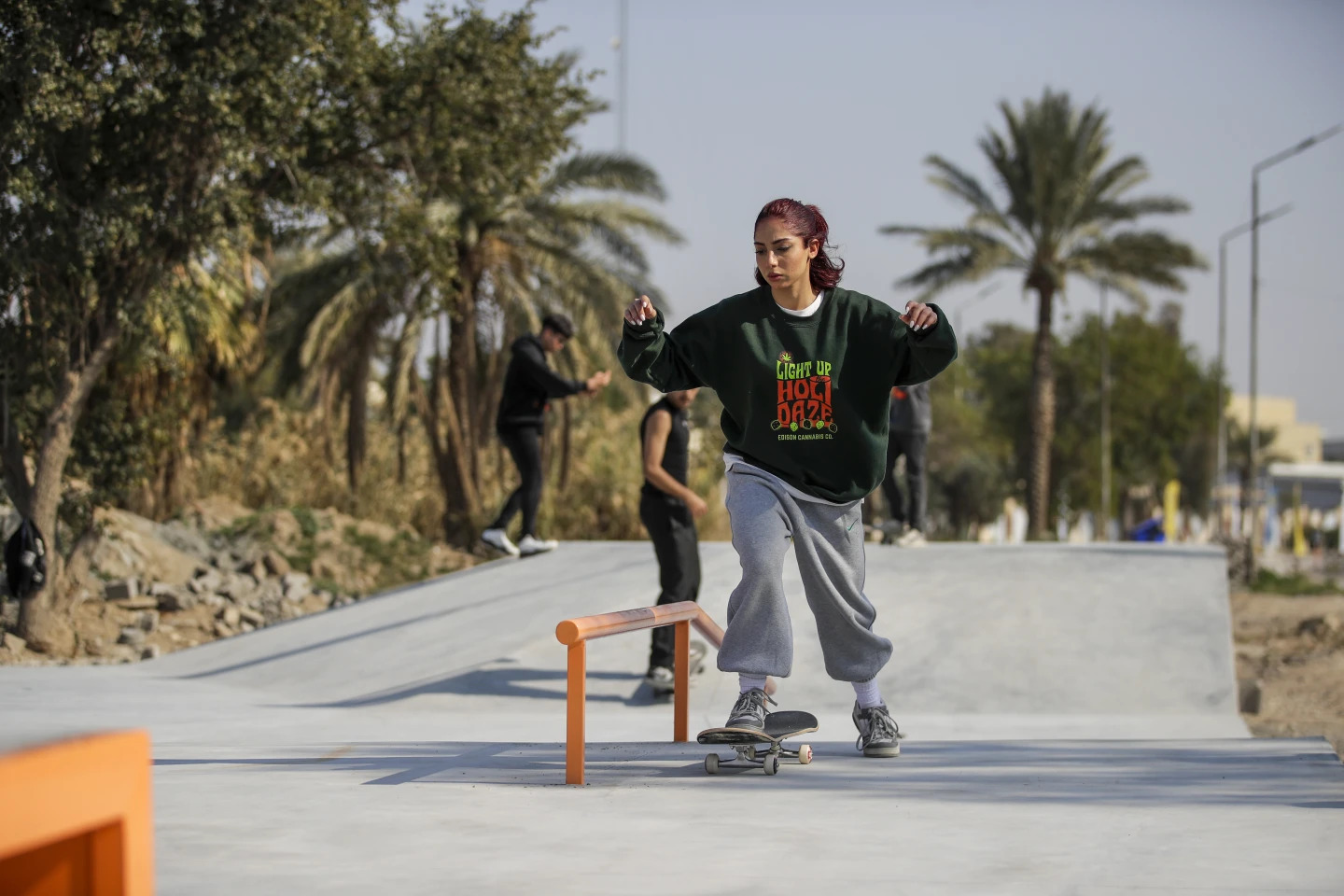 A person wearing a "Born to Skate" shirt and grey trousers, skateboarding on a ramp in a park with palm trees in the background.