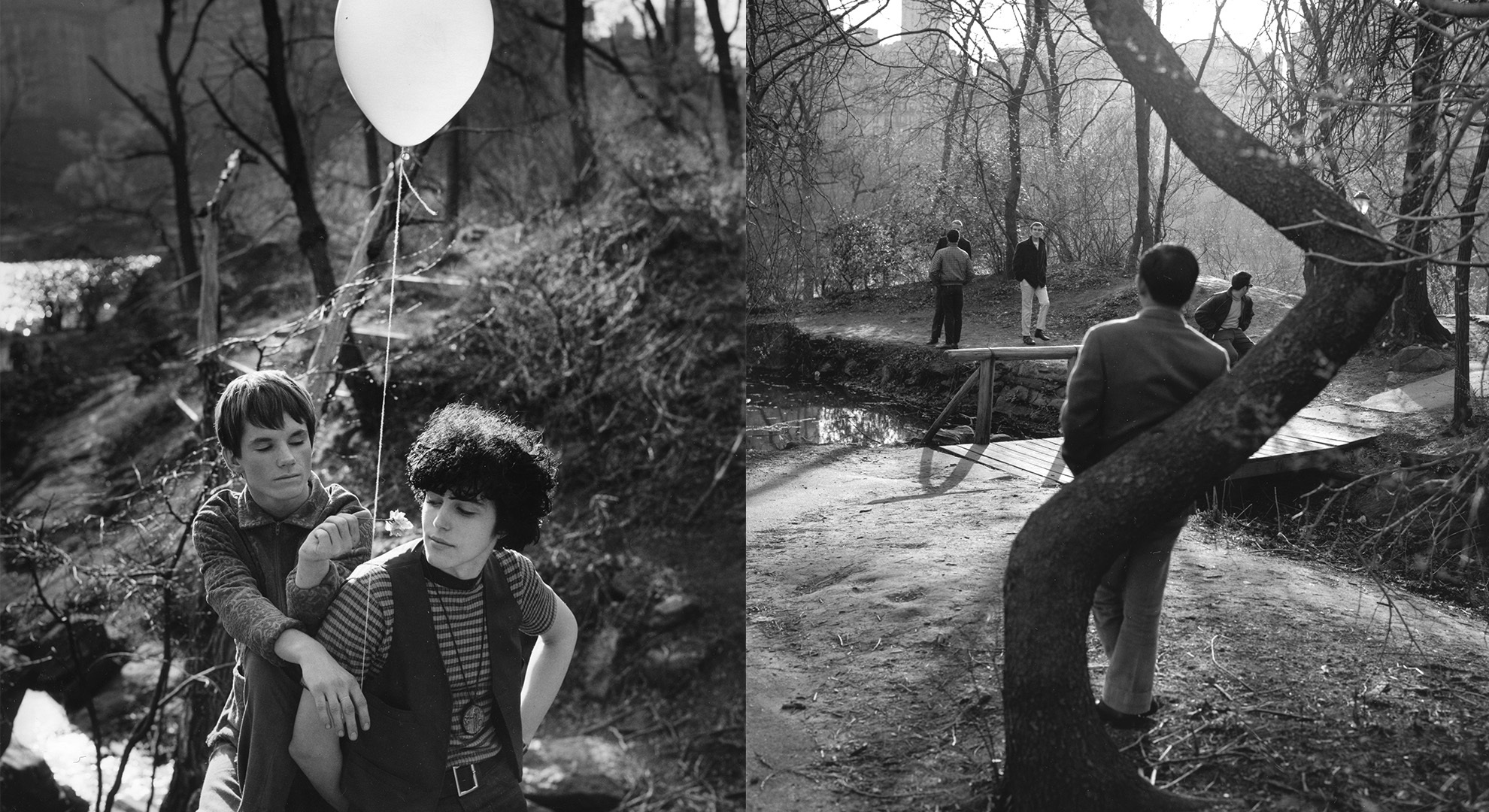 Black and white image split into two sections: left shows two children with a balloon amongst fallen branches; right shows figure against bare trees.