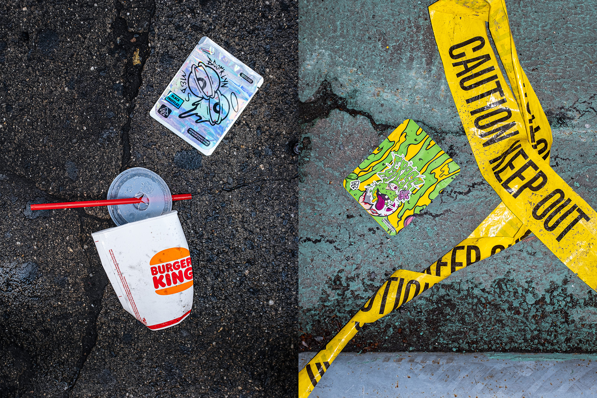 Crushed Burger King cup, playing card, caution tape on cracked pavement.