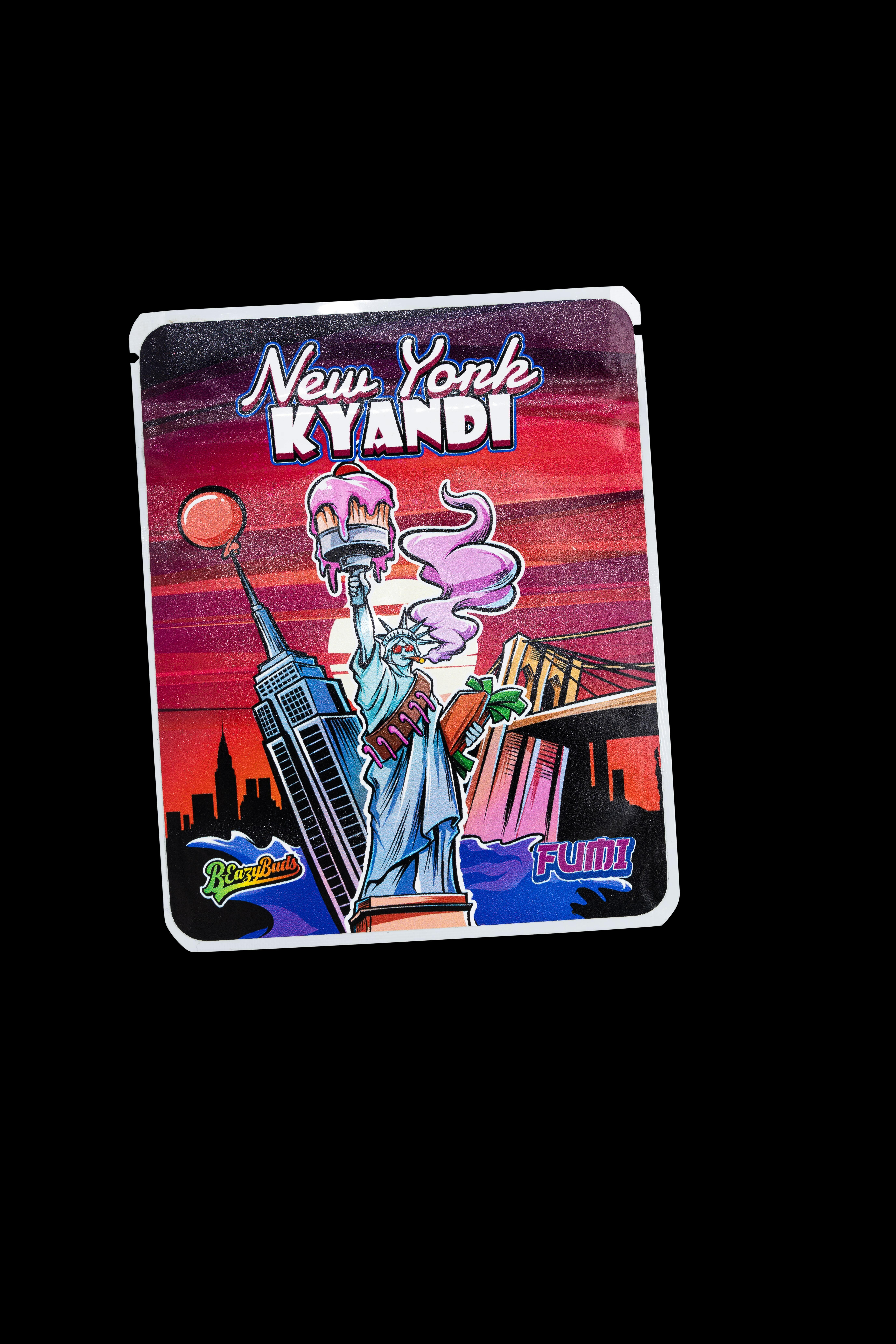 New York Kyandi label with Statue of Liberty and skyline against a vivid red and blue backdrop.