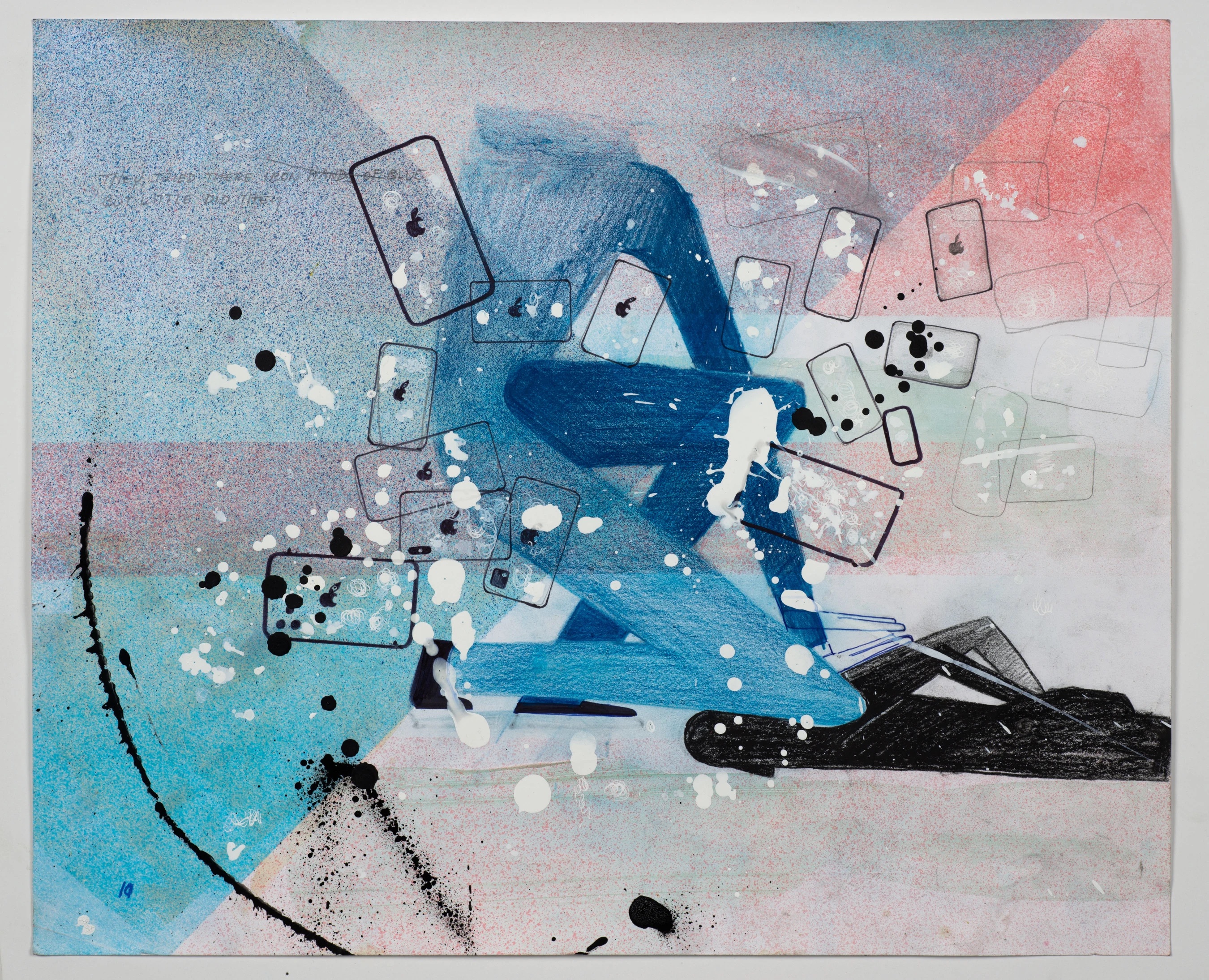 Abstract watercolour with blue, pink, and grey washes. Scattered playing cards, black dots, and geometric shapes across white background.