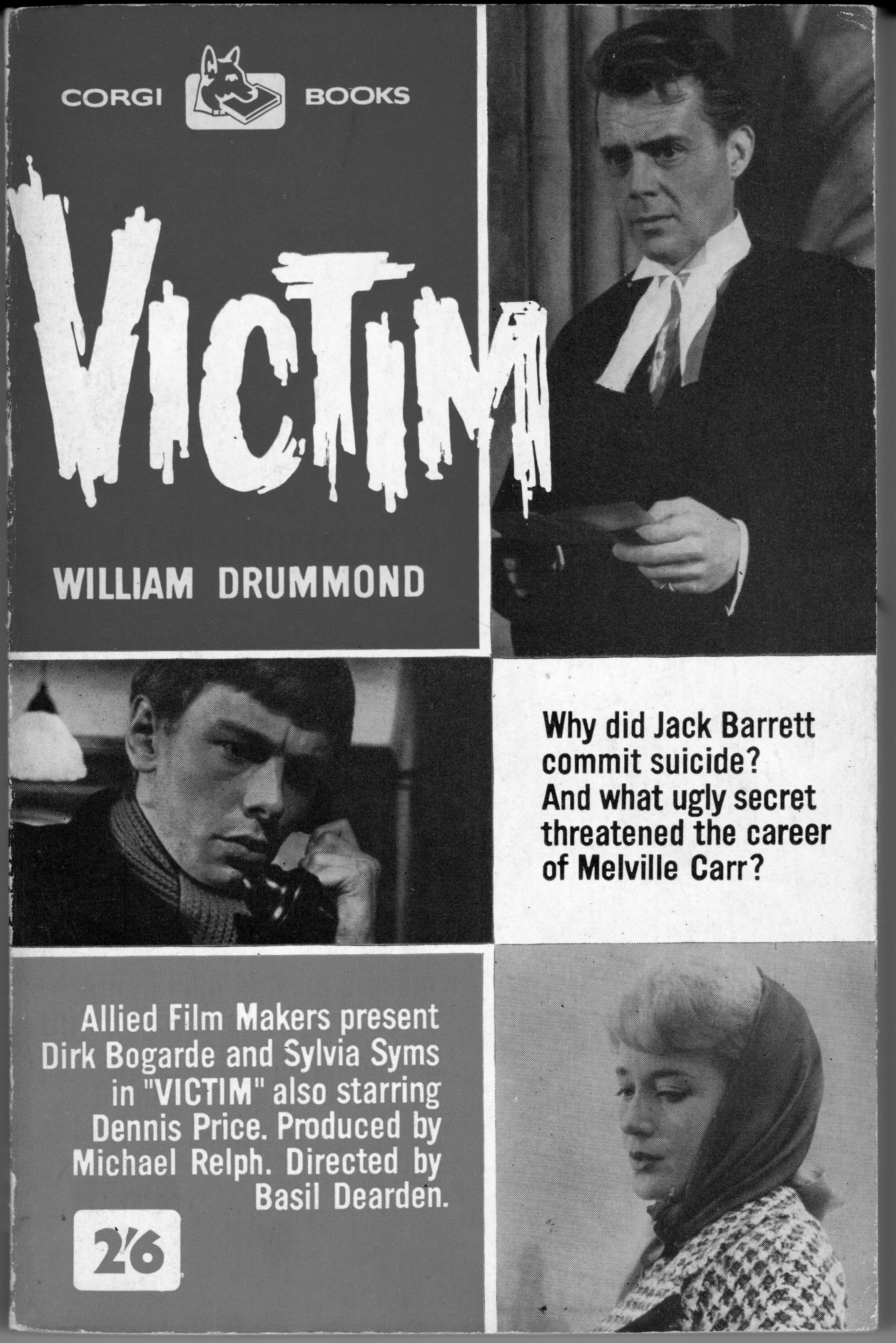 Book cover with six panels showing "Victim" by William Drummond. Black and white photographs of actors, Corgi Books logo, and film credit text.
