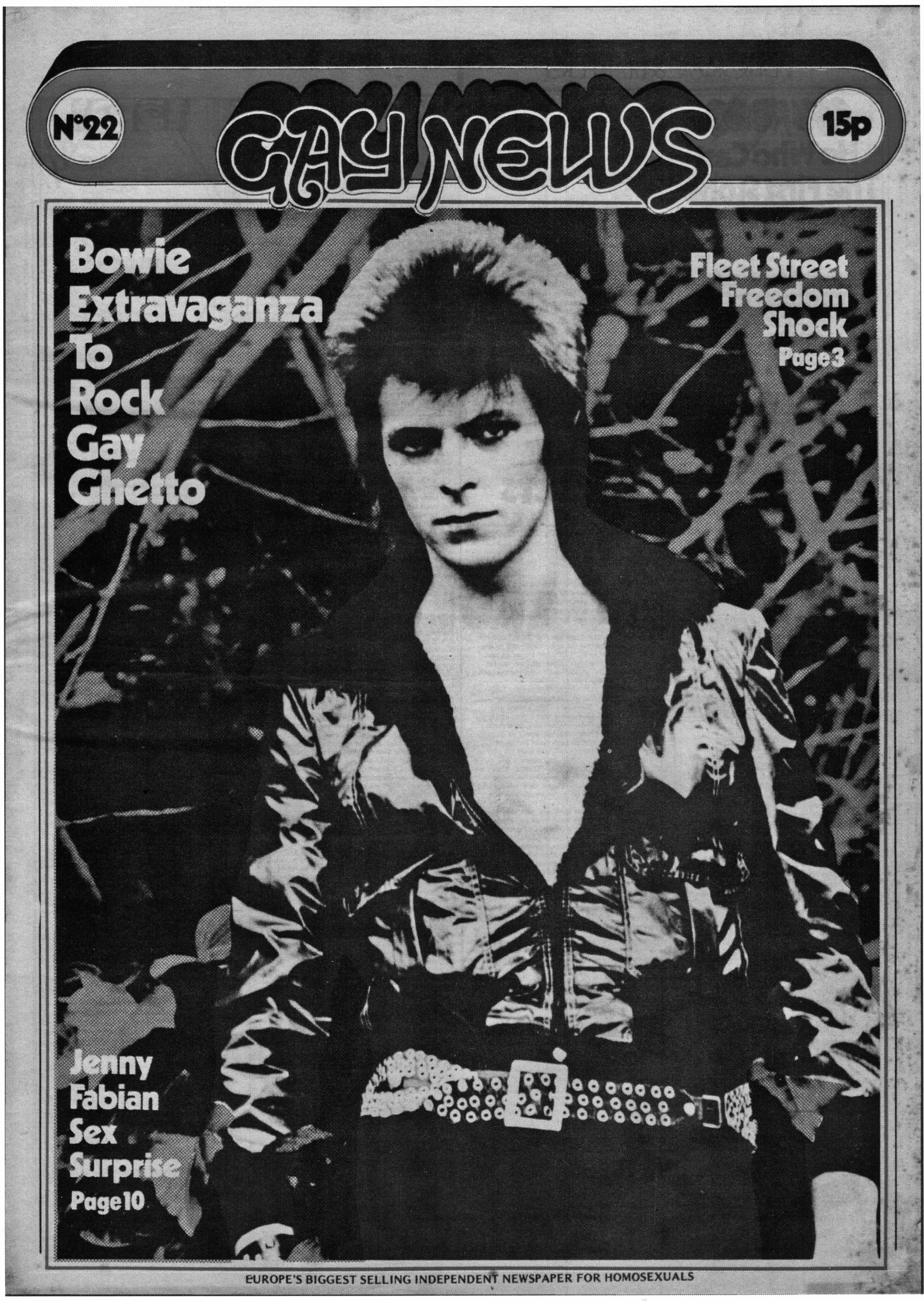 Black and white magazine cover showing person with spiky hair in leather jacket. "Gay News" masthead at top, "15p" price visible.