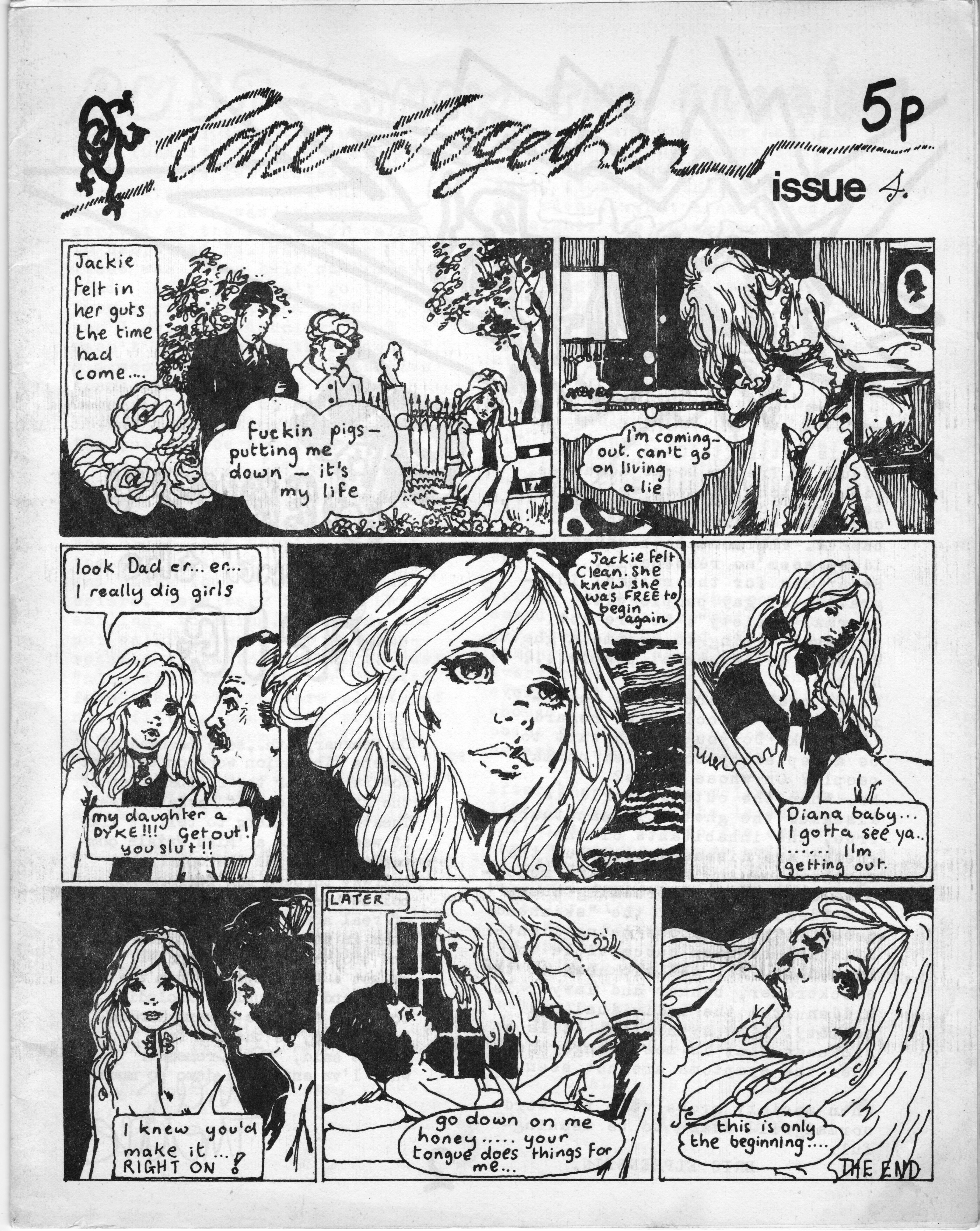 Black and white comic book page with multiple panels showing illustrated characters and speech bubbles, titled "Come Together" issue 4.