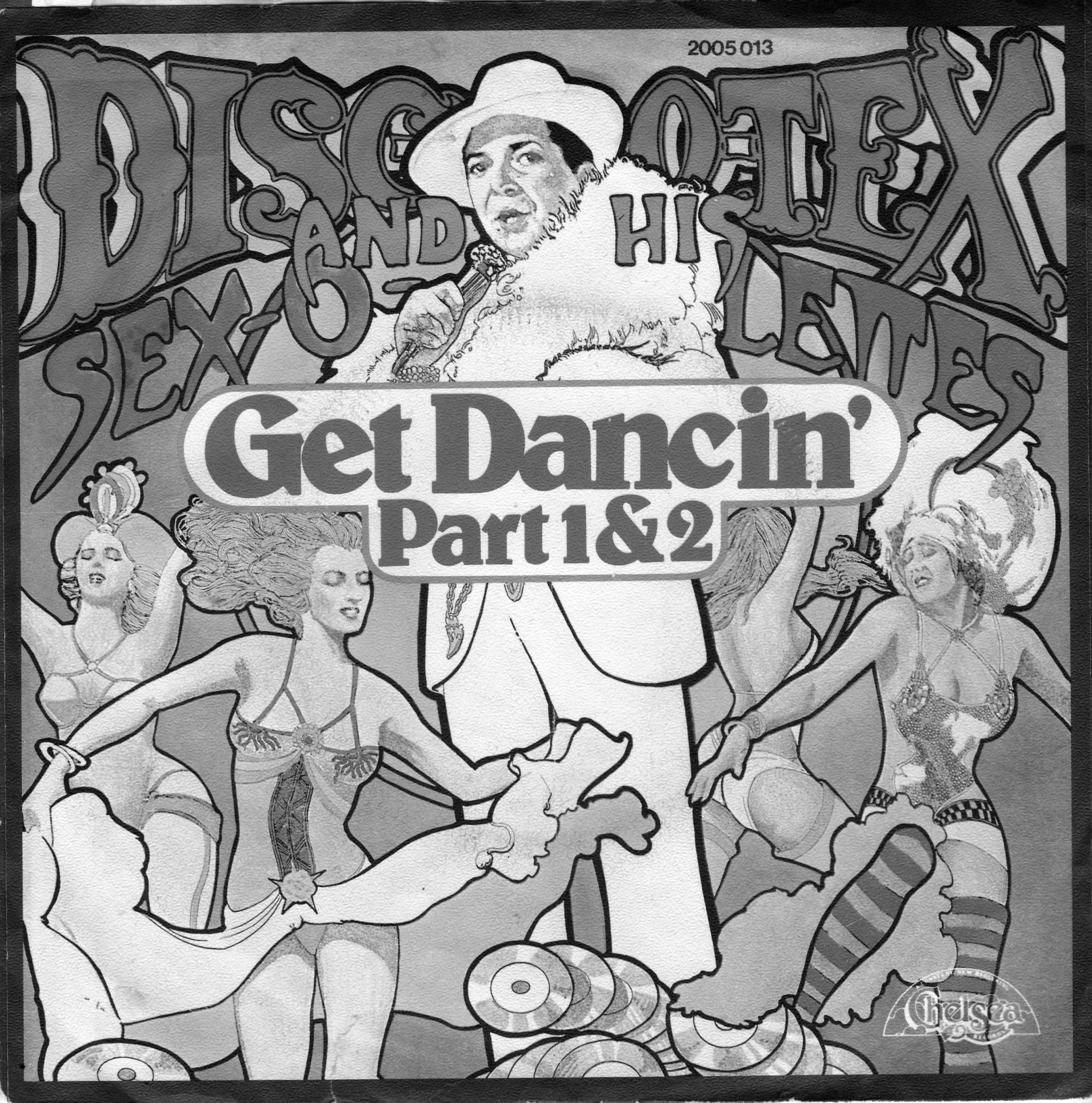 Black and white record sleeve with ornate lettering at top, central male figure in hat, three dancing figures below, "Get Dancin' Part 1 & 2" text.