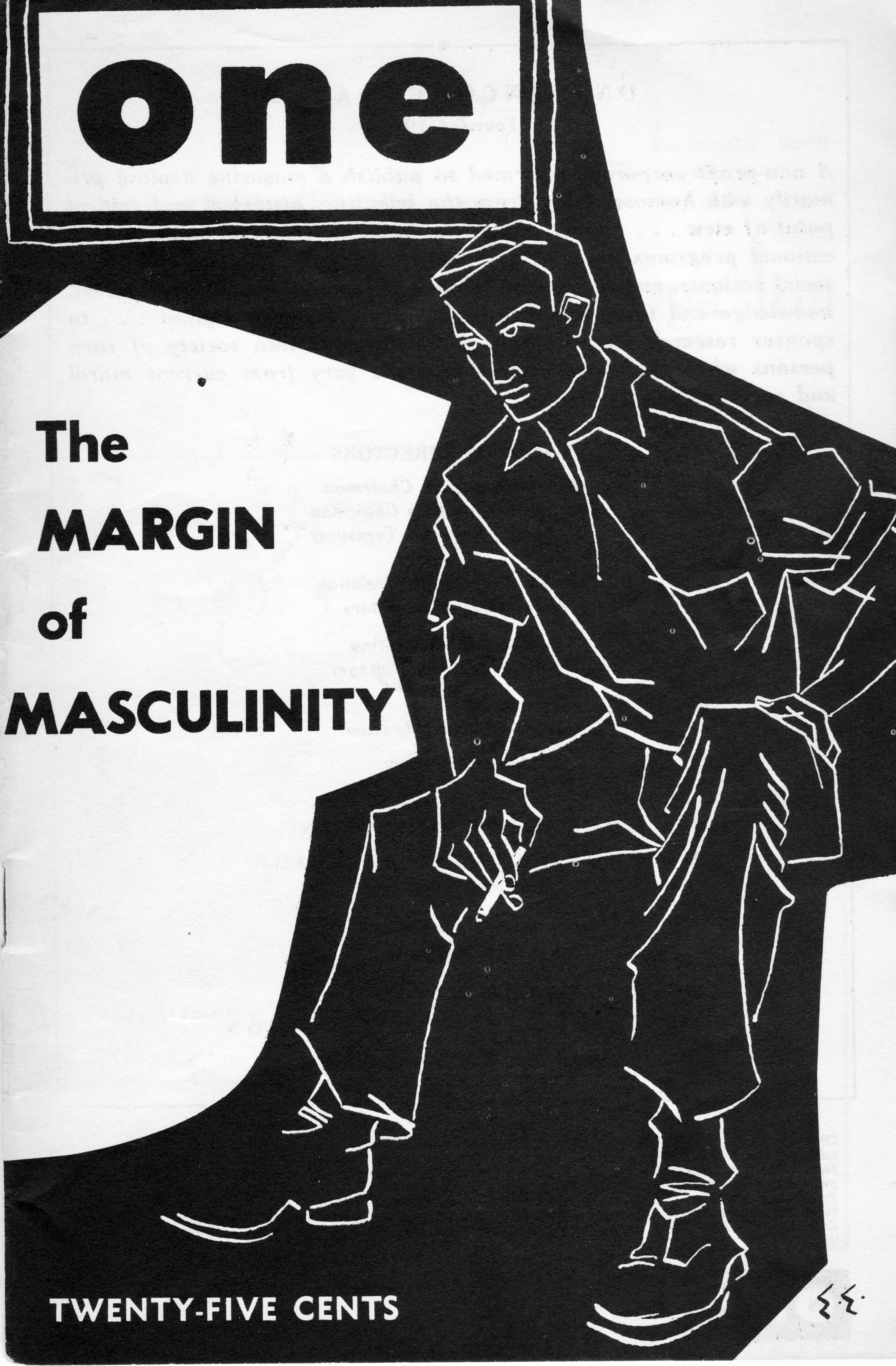 Black and white magazine cover with "one" in bold text at top, white outlined figure of seated man, "The MARGIN of MASCULINITY" text on left side.