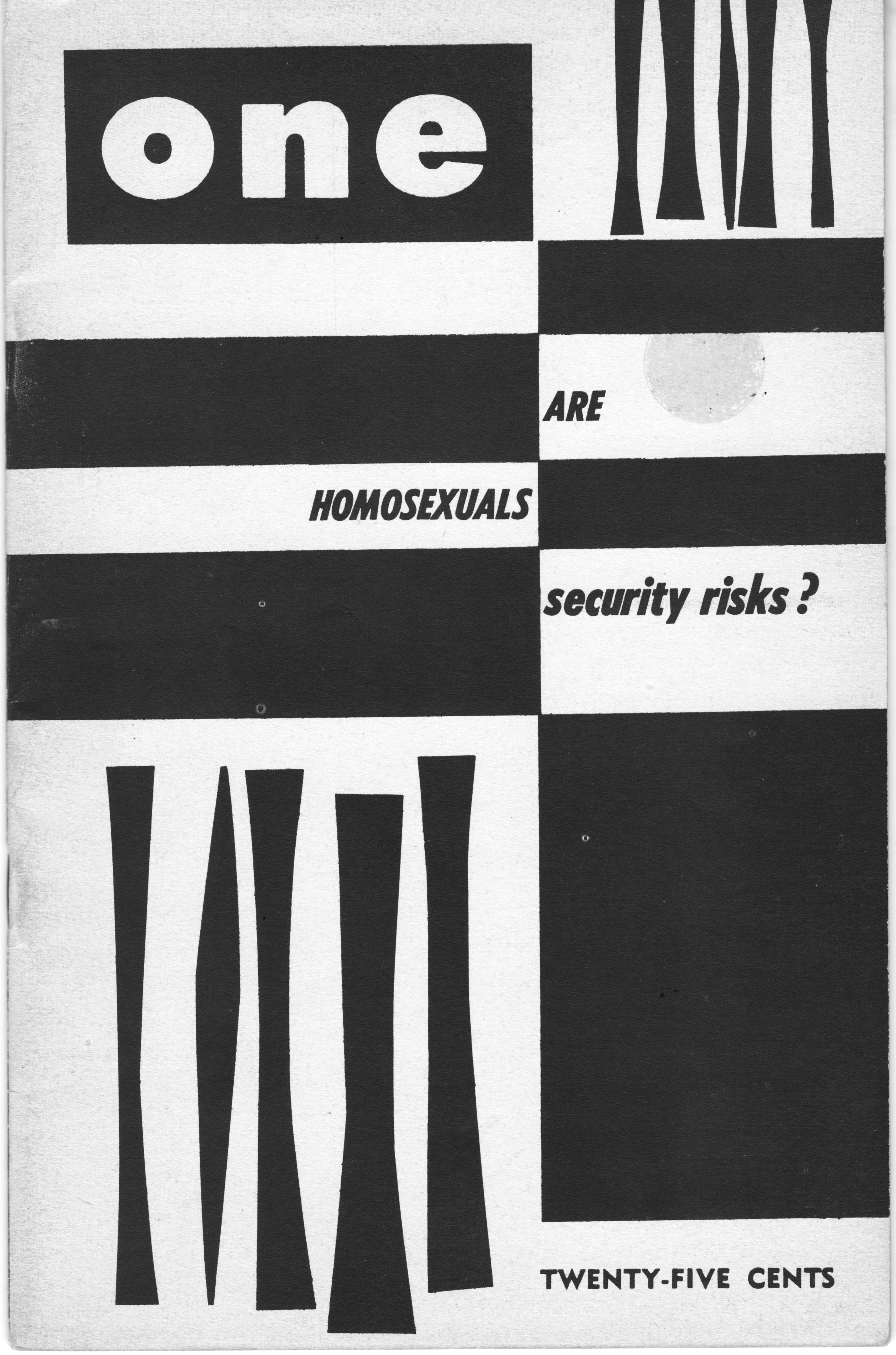 Black and white magazine cover with geometric blocks and text reading "one in ten ARE HOMOSEXUALS security risks?" and "TWENTY-FIVE CENTS"