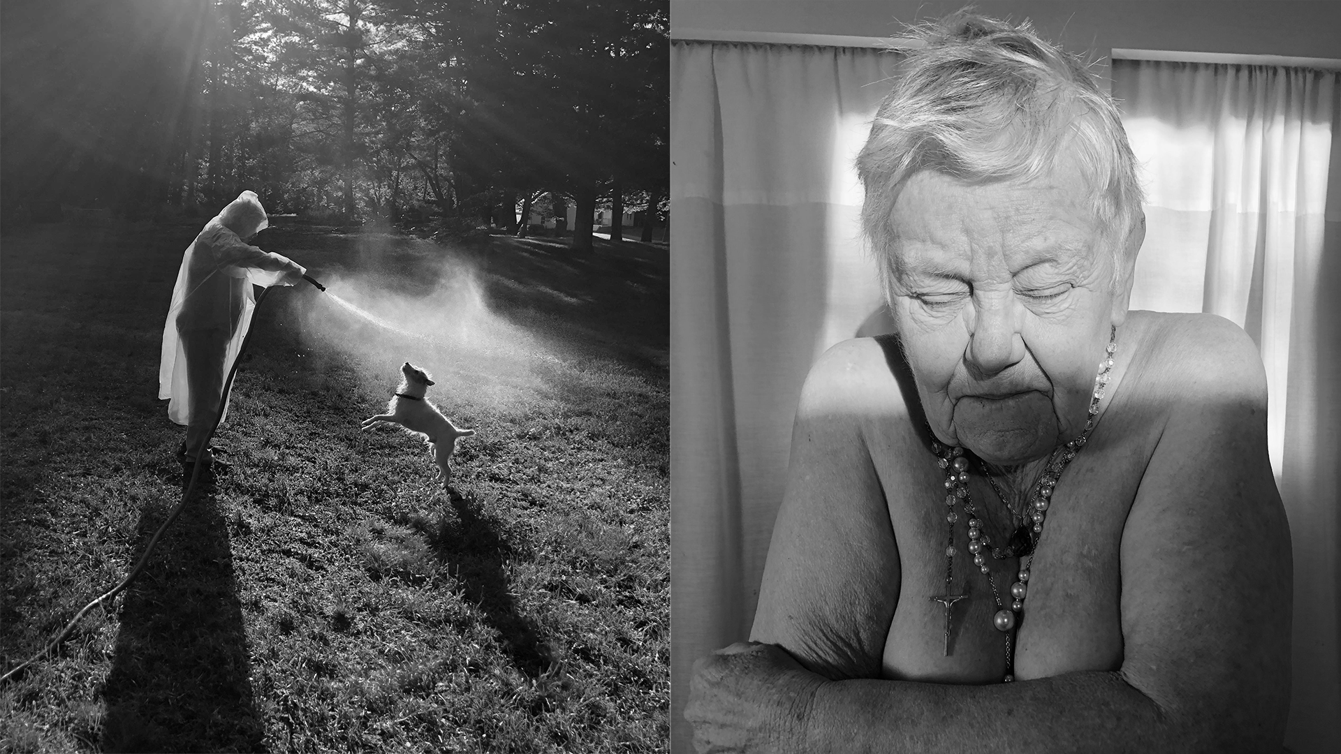 Black and white diptych: left panel shows person spraying water in wooded area, right panel shows elderly woman with eyes closed indoors.