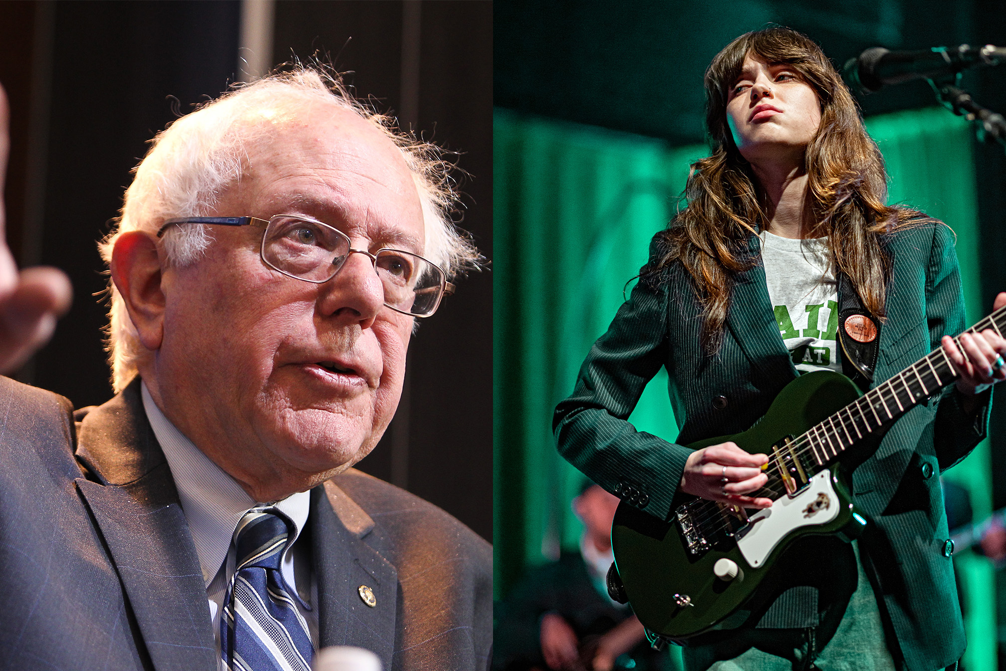 Elderly man with glasses, white hair, and suit; young woman with long brown hair playing electric guitar on stage in green jacket.