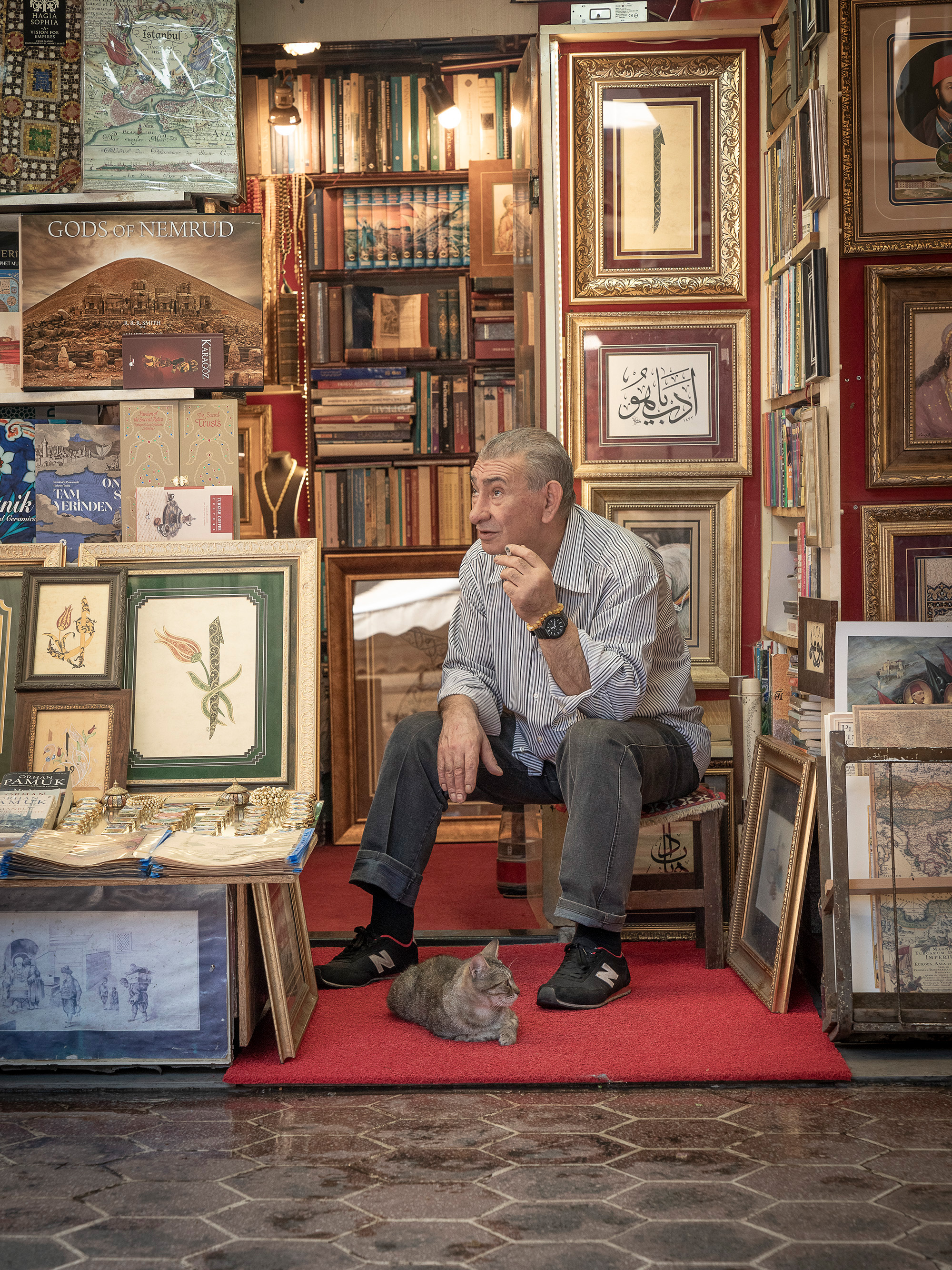 Elderly man sitting amongst stacks of books and framed artwork in cluttered bookshop, with small cat on red carpet beneath stone floor.