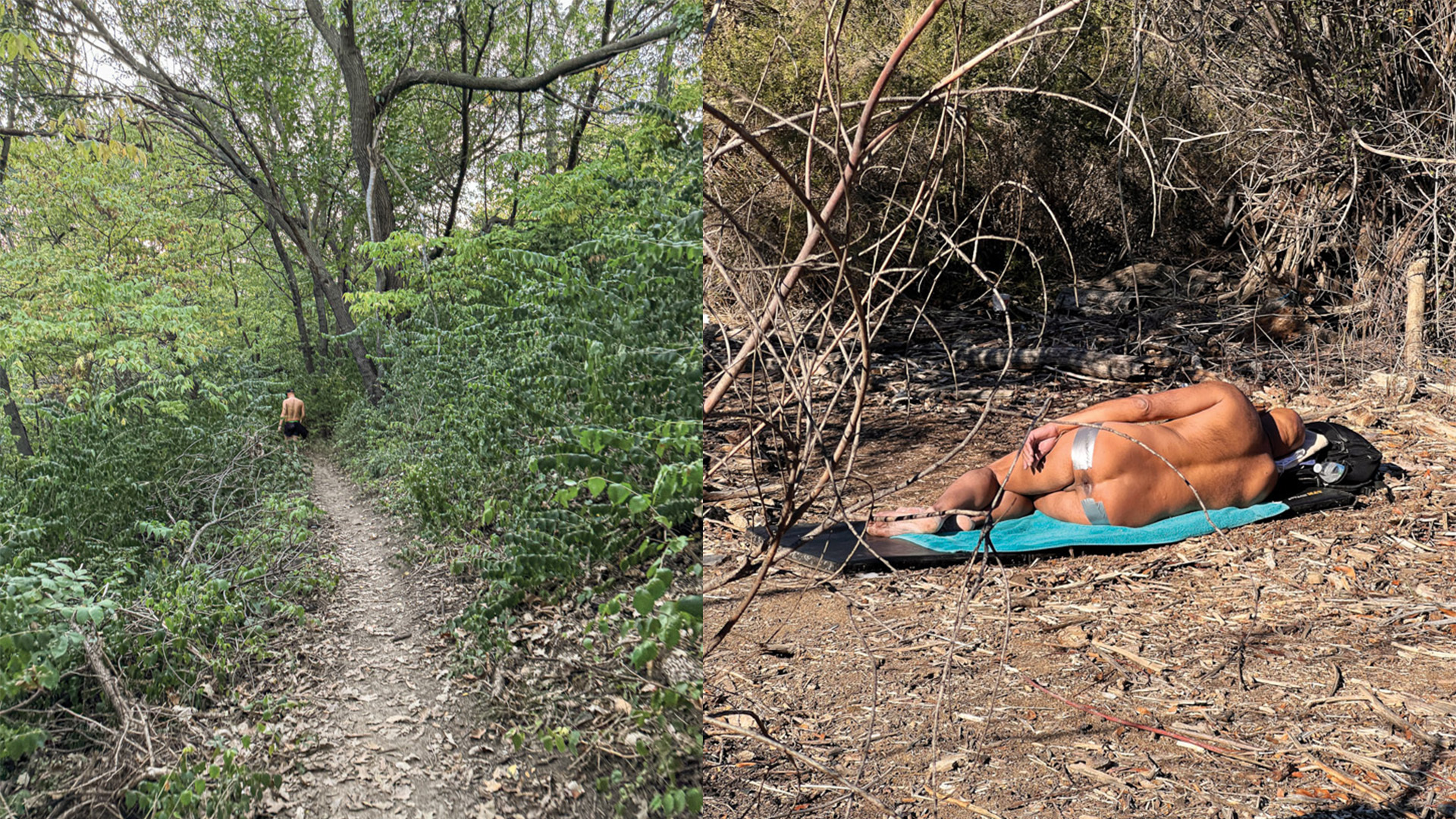 Person lying on blue mat outdoors amongst trees and bushes on dirt ground with scattered branches and vegetation.