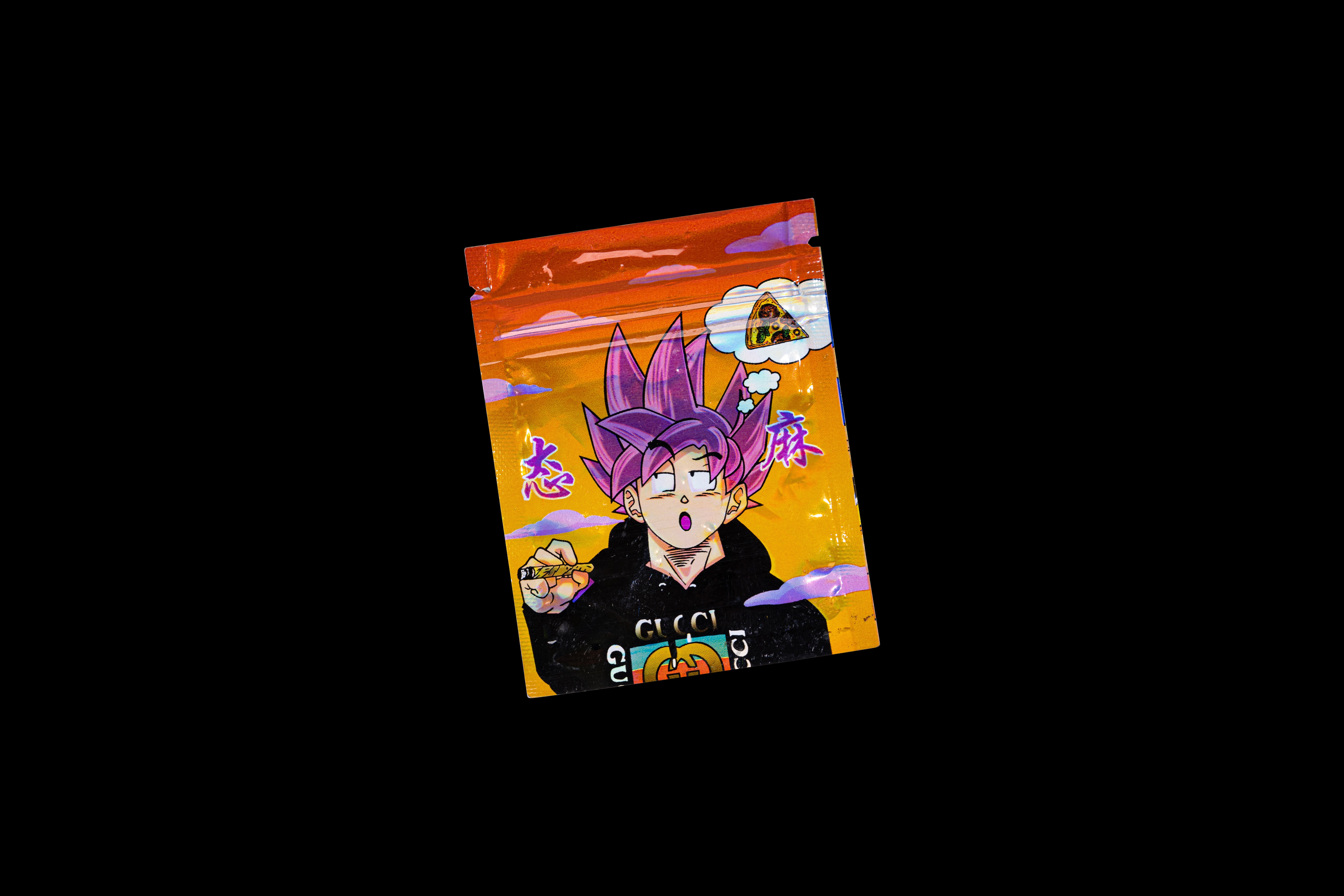 Anime-style illustration with purple-haired character against orange background, black silhouette outline.