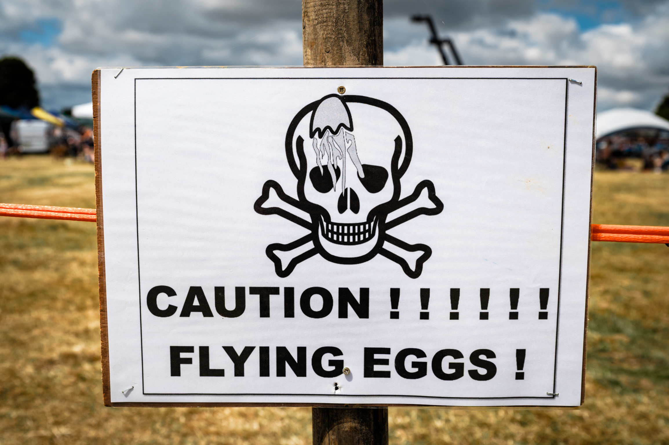 White warning sign with black skull and crossbones symbol, text reads "CAUTION!!!!!!!! FLYING EGGS!" mounted on wooden post.