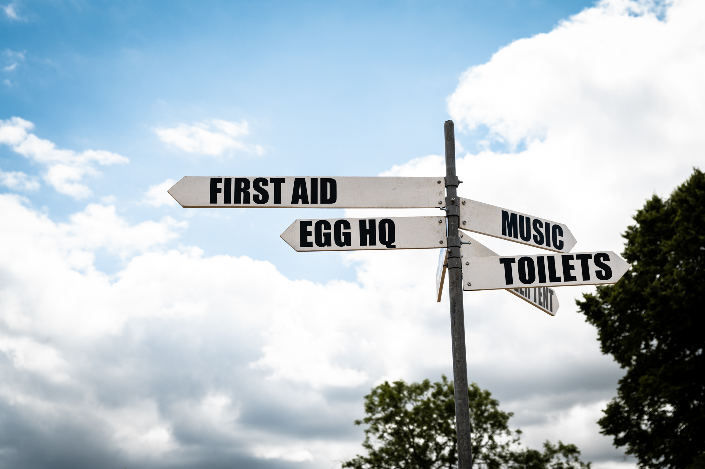 Directional signpost with white arrows pointing to "FIRST AID", "EGG HQ", "MUSIC", and "TOILETS" against blue sky with white clouds.