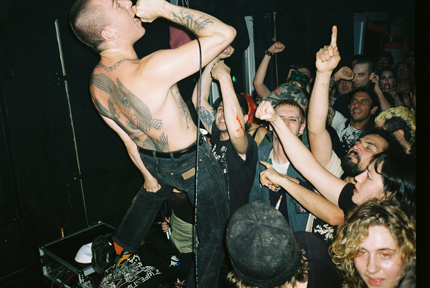 Crowd of people at a live music performance, with a performer on stage singing into a microphone and gesturing.