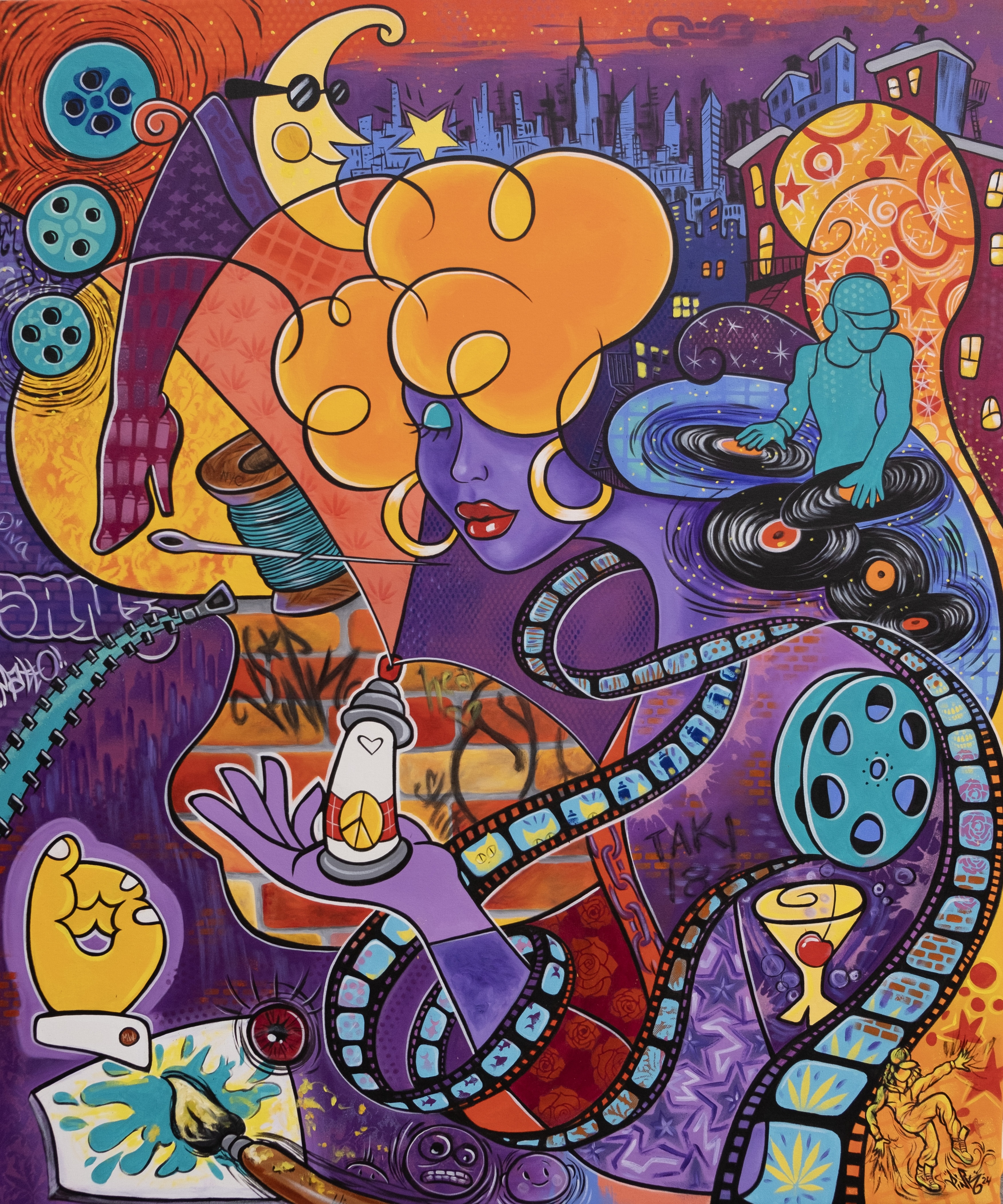 Colourful illustration with orange swirls, purple background, teal film reels, curved film strips, city skyline, and various geometric shapes.