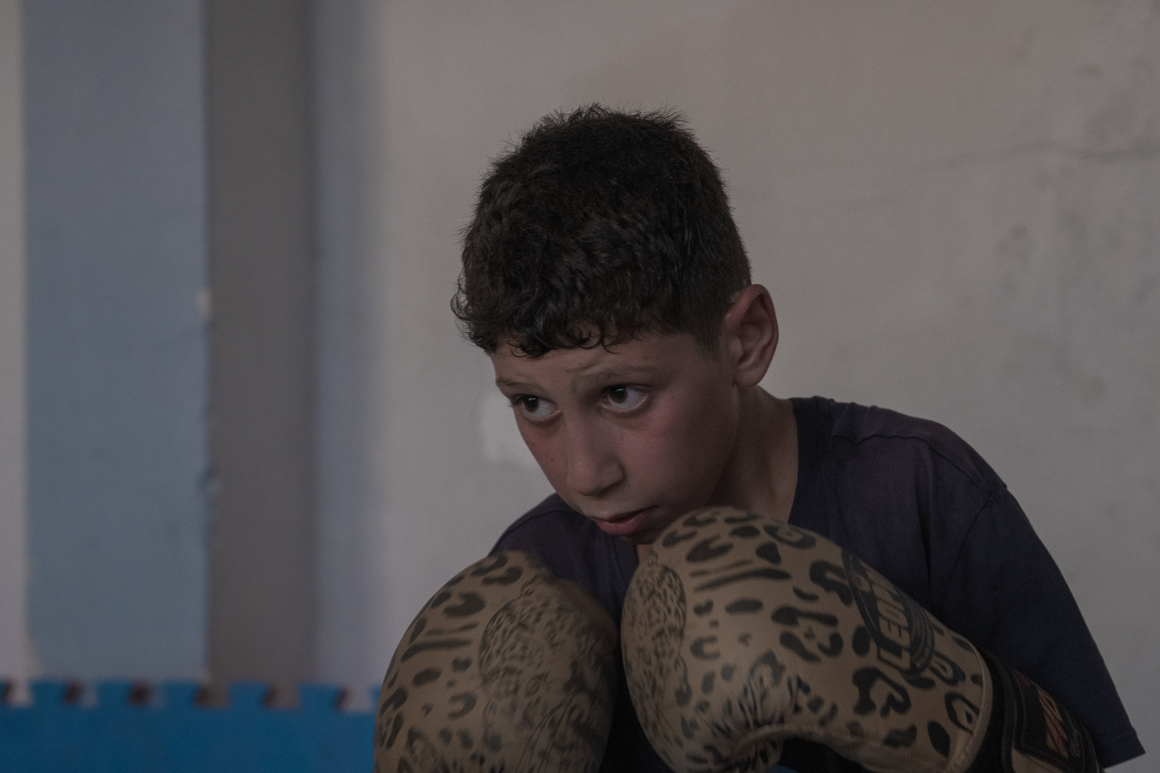 Young boy with dark curly hair in navy shirt holding leopard print blanket, looking sideways in indoor setting with white walls.