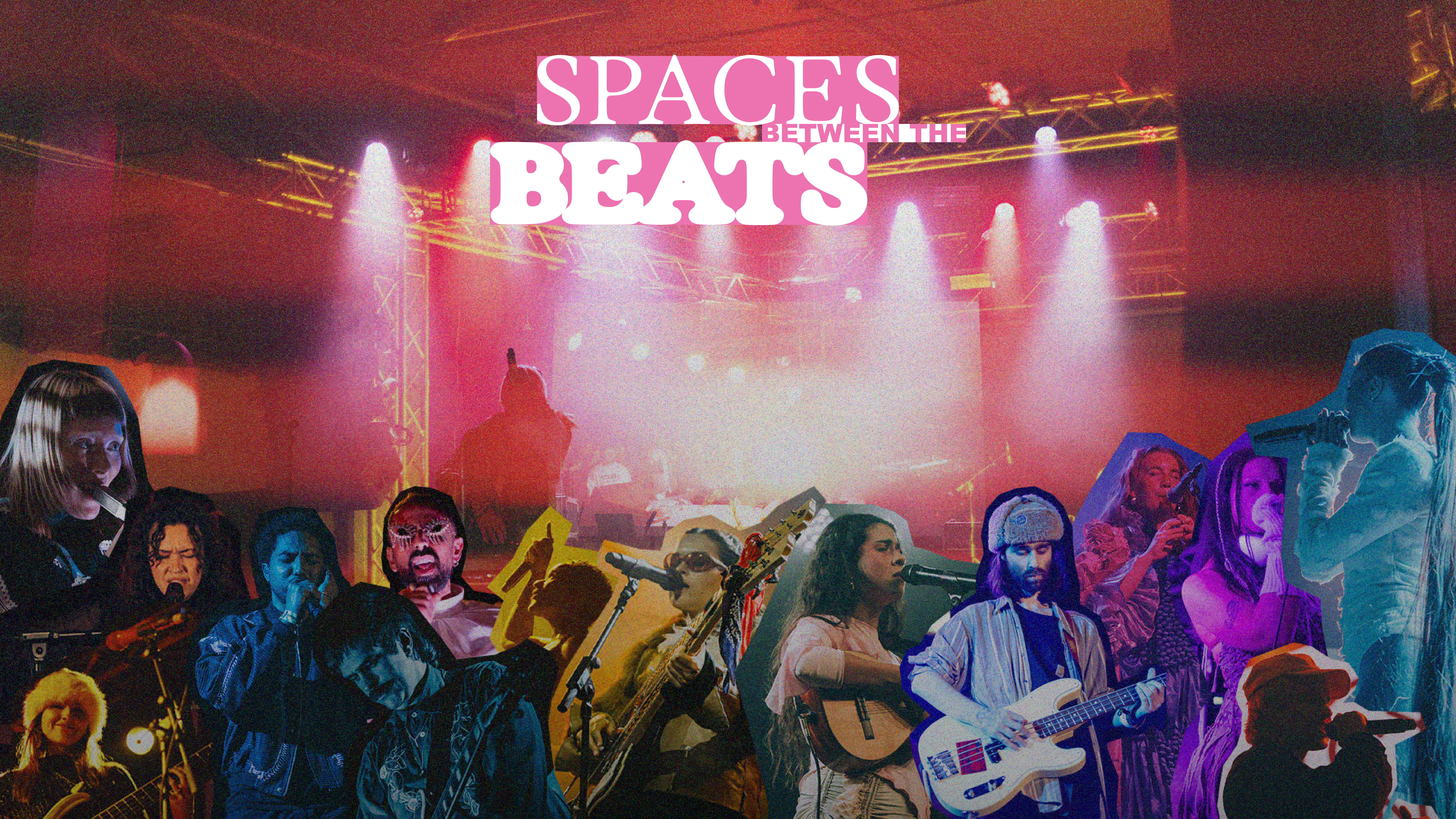 Live music venue with white spotlights illuminating red stage backdrop. White "SPACES BEATS" text above crowd of silhouetted figures in purple, blue, and yellow lighting.