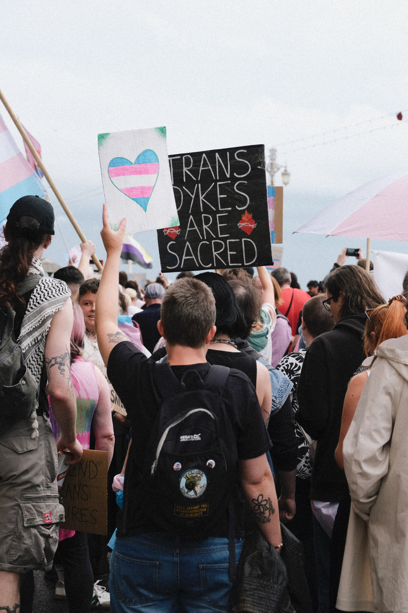 Crowd holding protest signs including "TRANS DYKES ARE SACRED" on black placard and heart with pink, blue and white stripes.