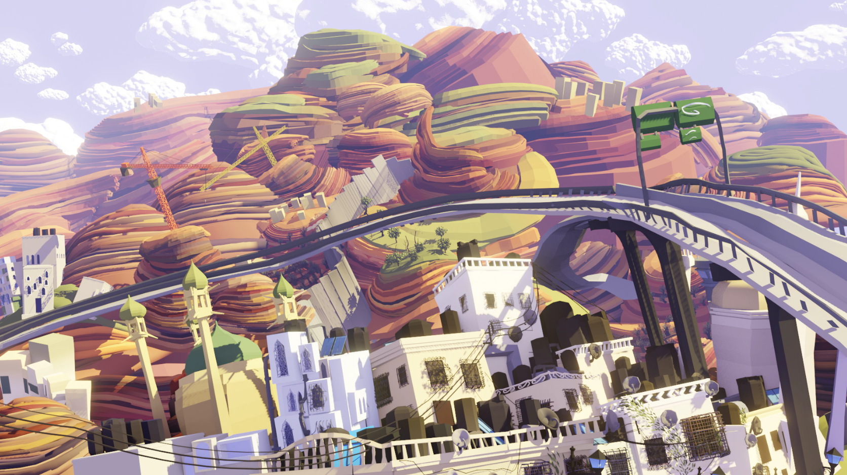 Illustration of curved bridge over white Mediterranean-style buildings with layered rock formations in purple, yellow and orange hues against cloudy sky.