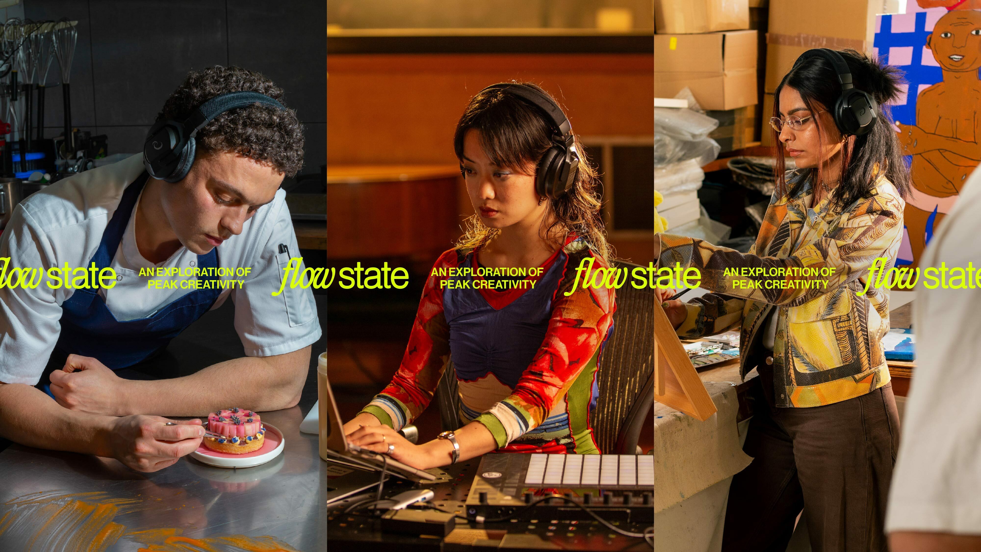 Three people working on creative projects; man moulding clay, woman playing keyboard, woman painting in studio.