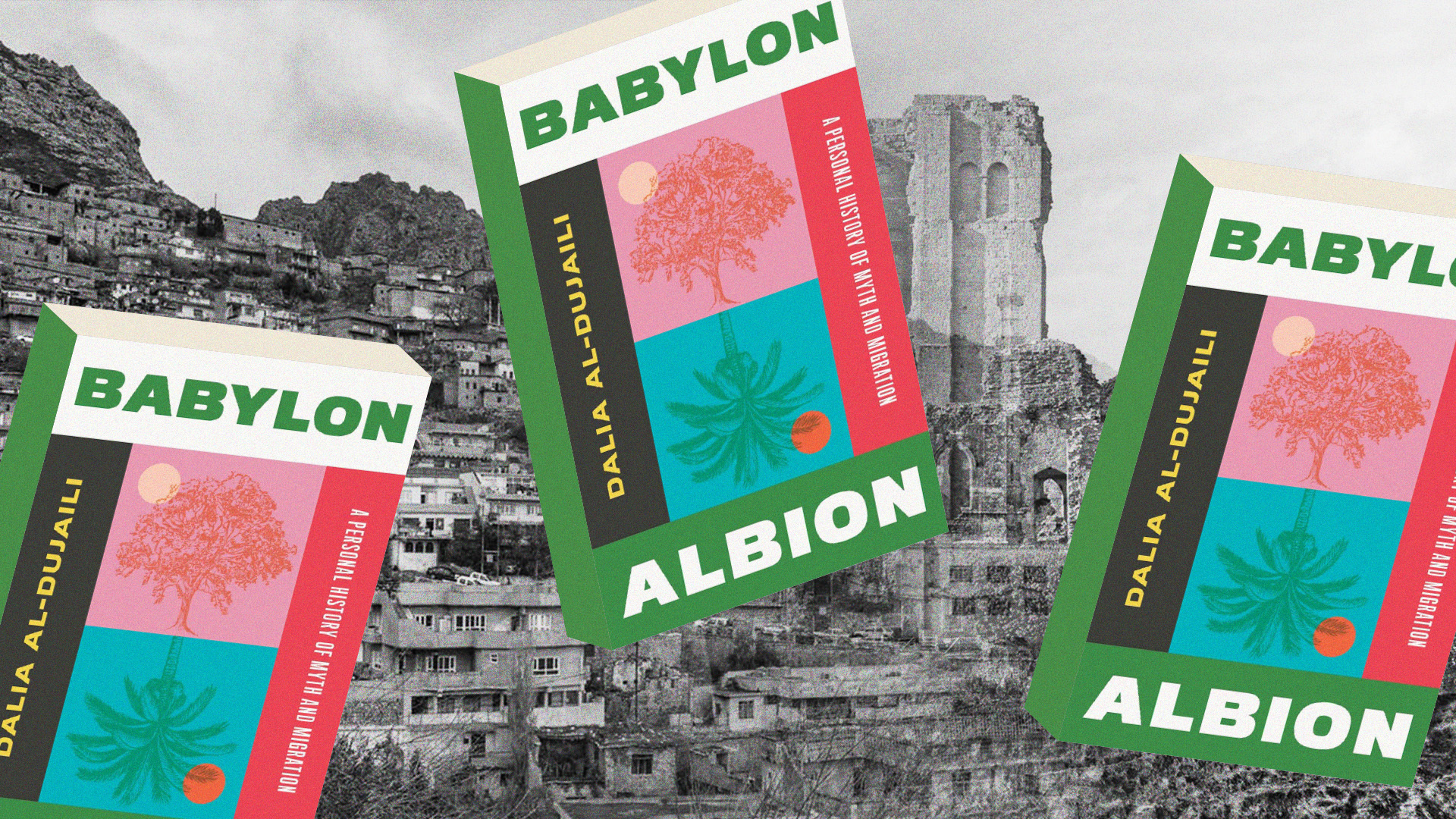 Vibrant book covers against bleak, rocky hills and buildings; 'Babylon' and 'Albion' text in bold lettering.