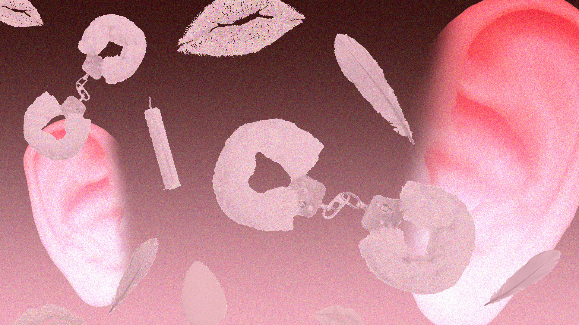 Surreal abstract illustration featuring pink and grey organic shapes and forms on a dark background.