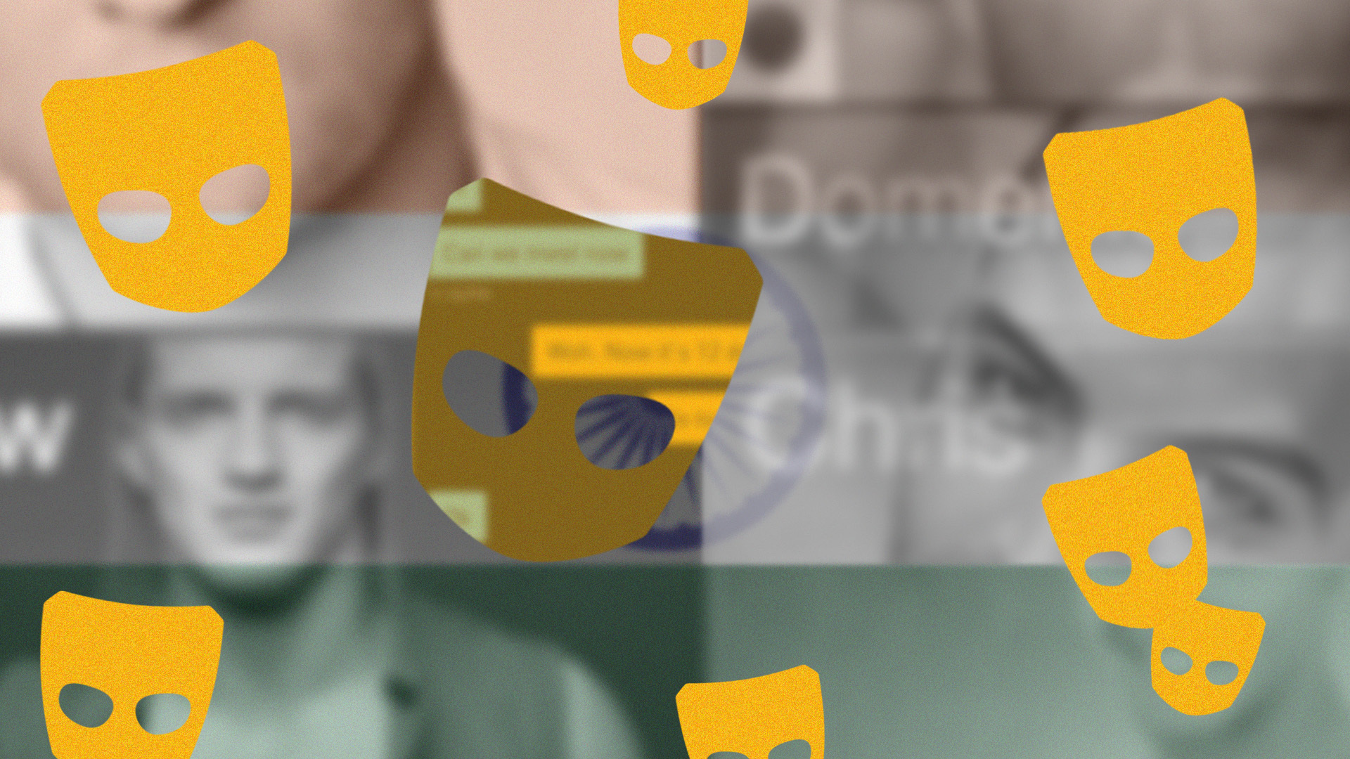 Yellow skull icons overlaid on blurred background image with green and grey tones, scattered across frame in various sizes.