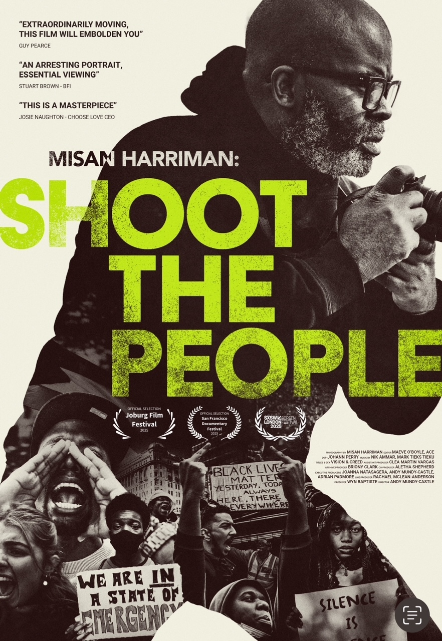 Black and white image of a bearded man wearing glasses. Text title 'MISAN HARRIMAN: SHOOT THE PEOPLE' along with various film festival laurels and quotes.