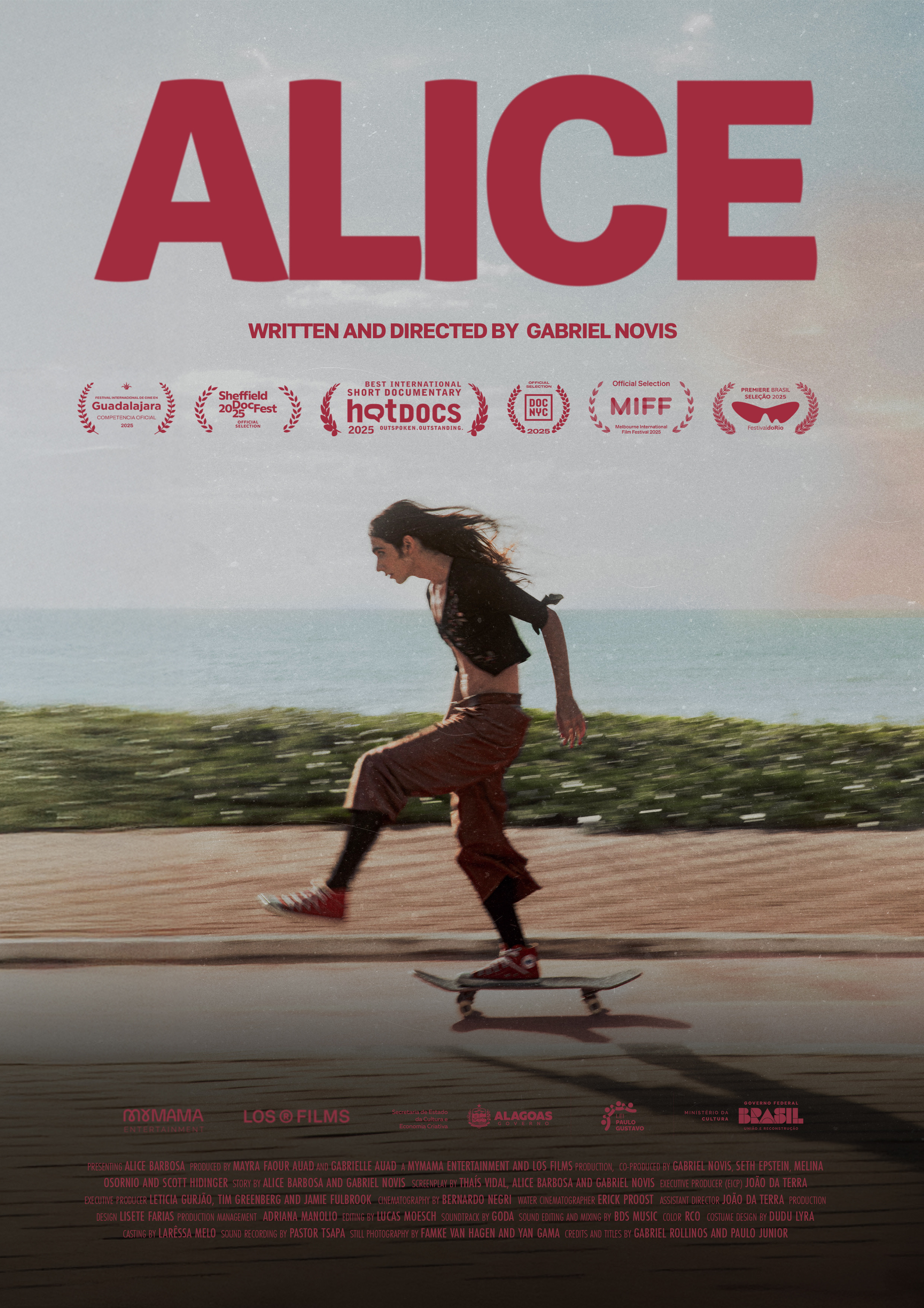 Film poster featuring large red "ALICE" title at top, festival laurels, and woman skateboarding on coastal road with ocean backdrop.