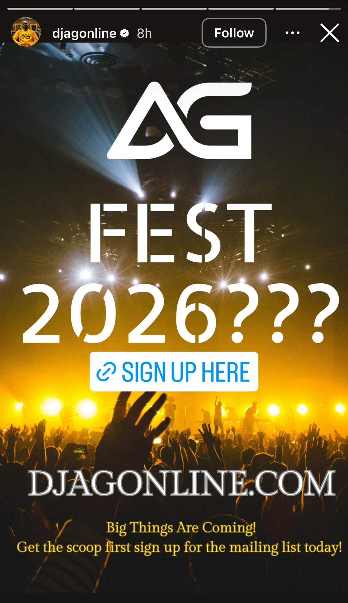 Social media story promoting AG Fest 2026 with white text over concert crowd silhouettes, stage lights, and gradient background.