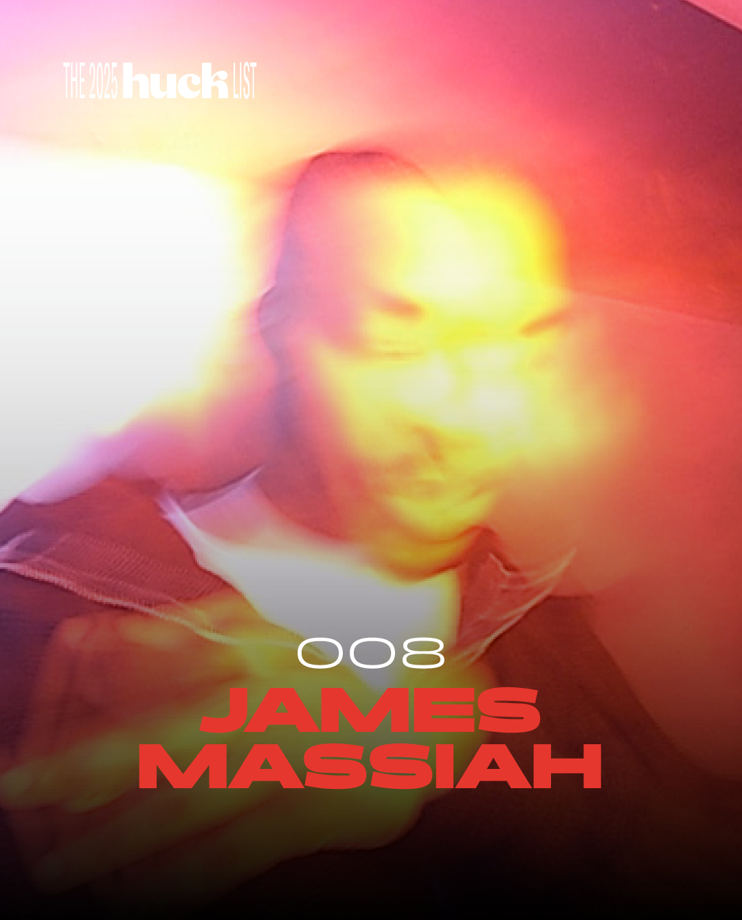 Vibrant abstract image featuring the text "008 JAMES MASSIAH" in red against a blurred, colourful background with shades of red, yellow, and pink.