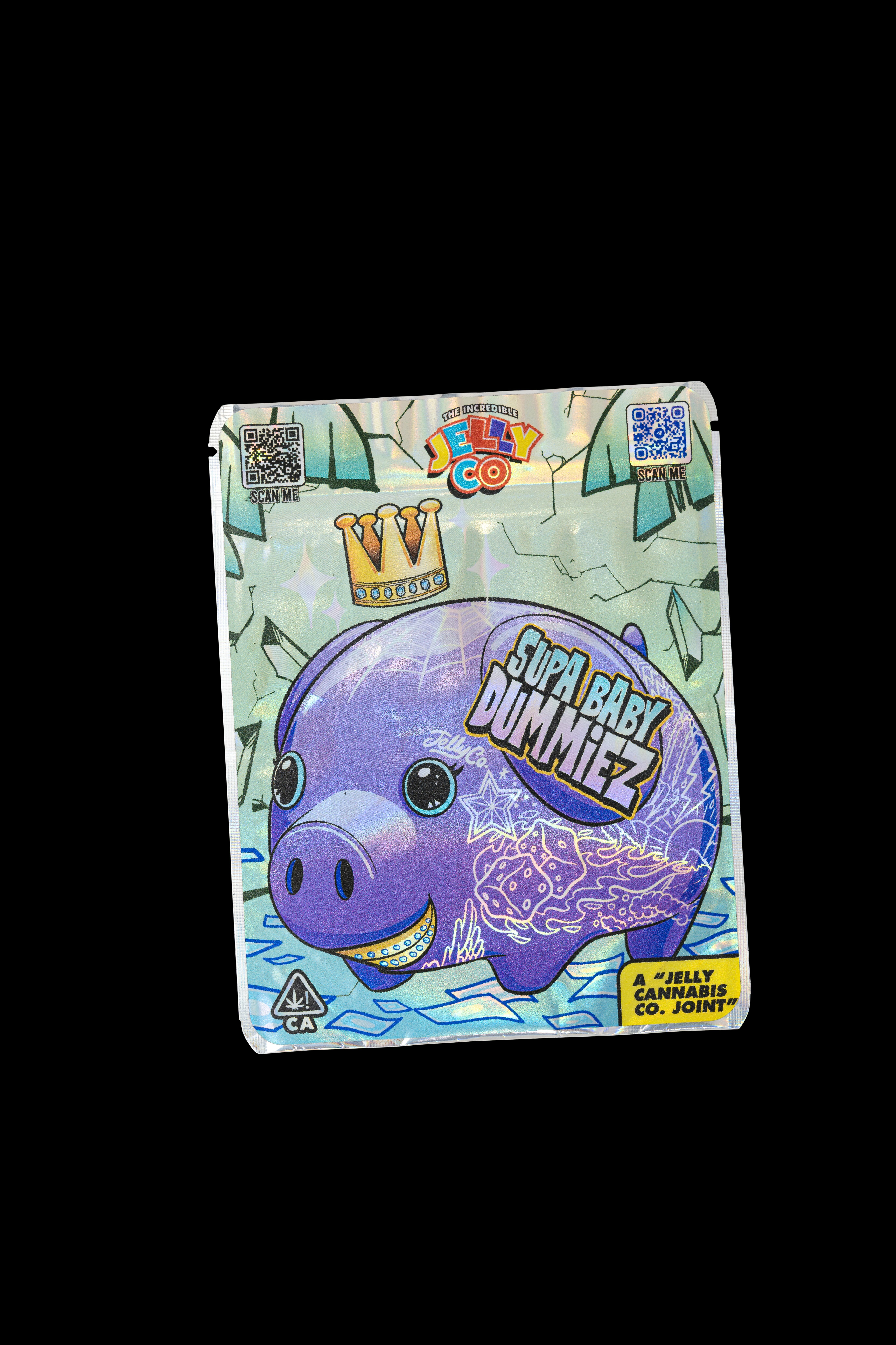 Cartoon-style packaging featuring a purple pig-like creature with psychedelic patterns, including text and branding for "Jelly Canna-bis Co. Joint".