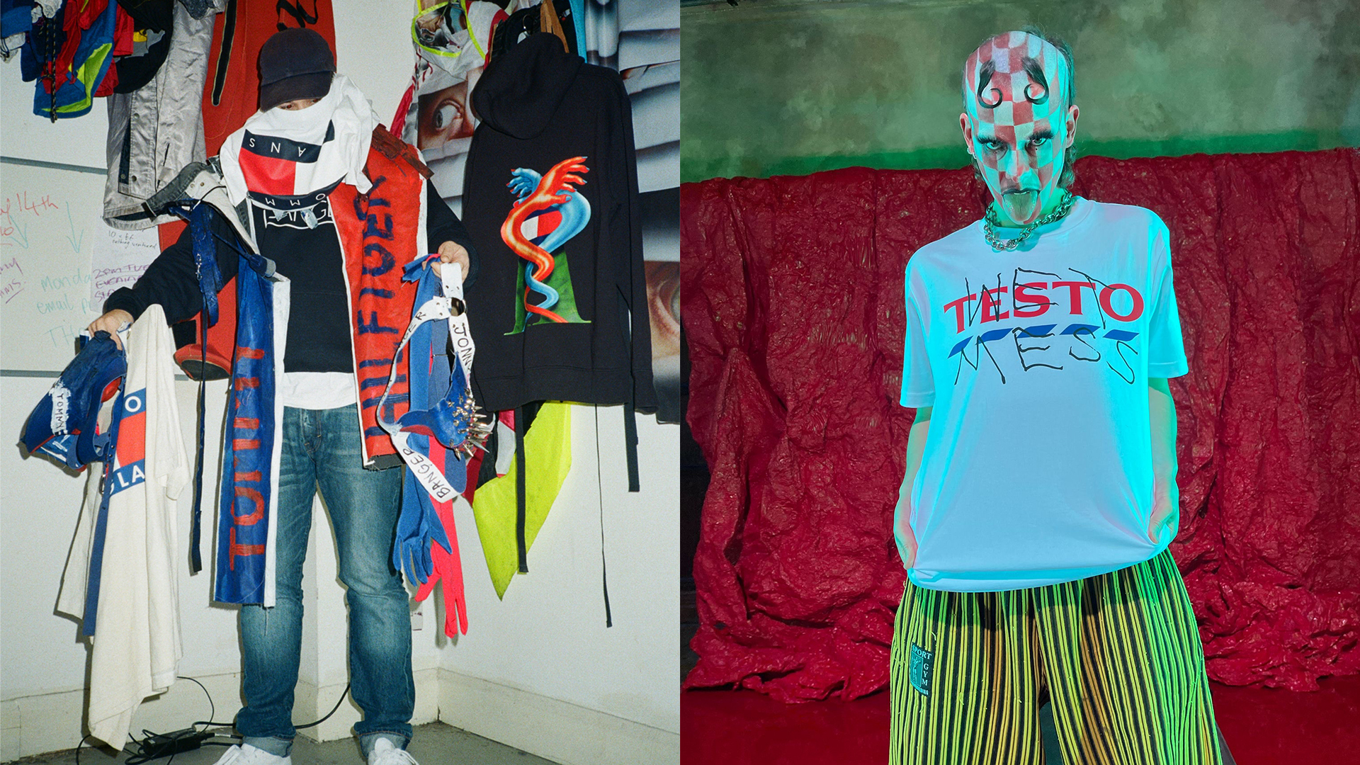 Two images: Left shows person in winter ski gear with colourful clothing display. Right shows figure in blue mask, light blue top, striped trousers against red backdrop.