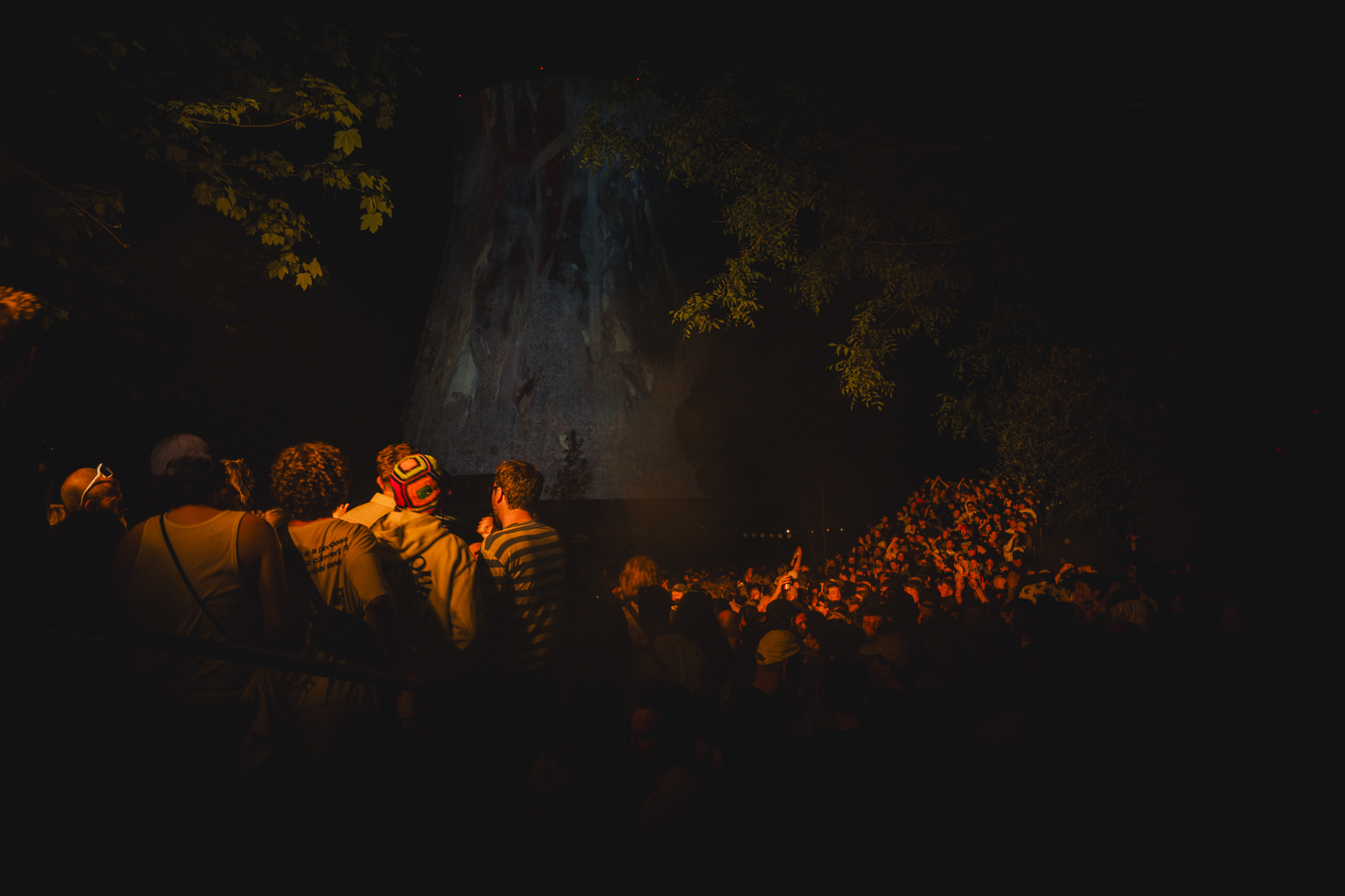 A group of people sitting around a campfire in a dark forest, with trees and flowers in the background illuminated by the fire's glow.