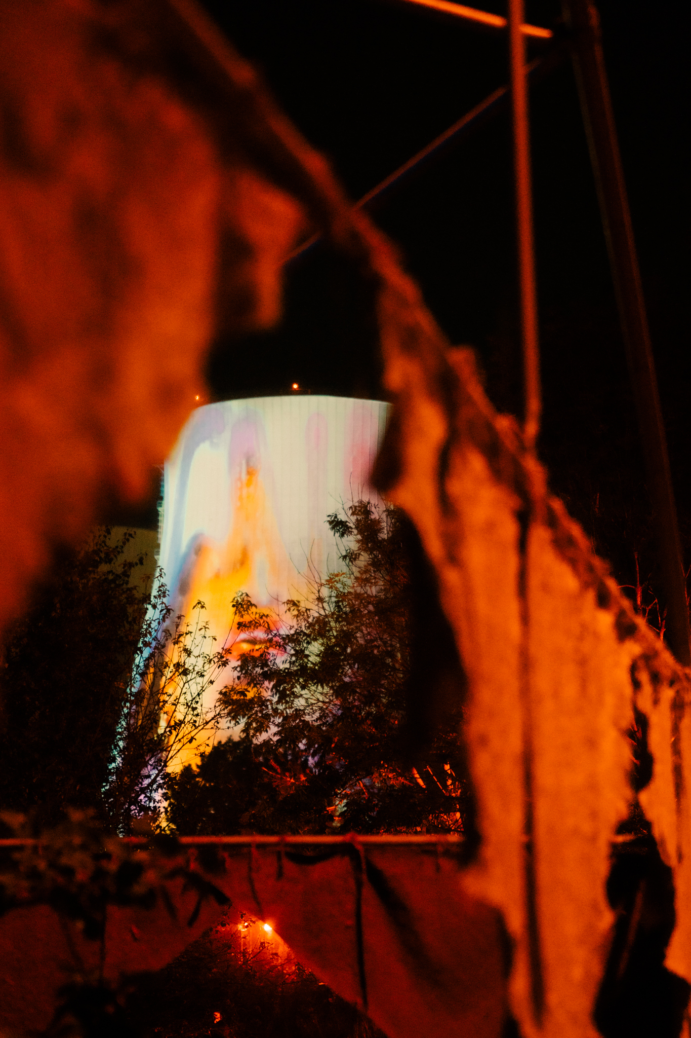 Illuminated lamp with silhouetted trees against dark background, warm orange hues.