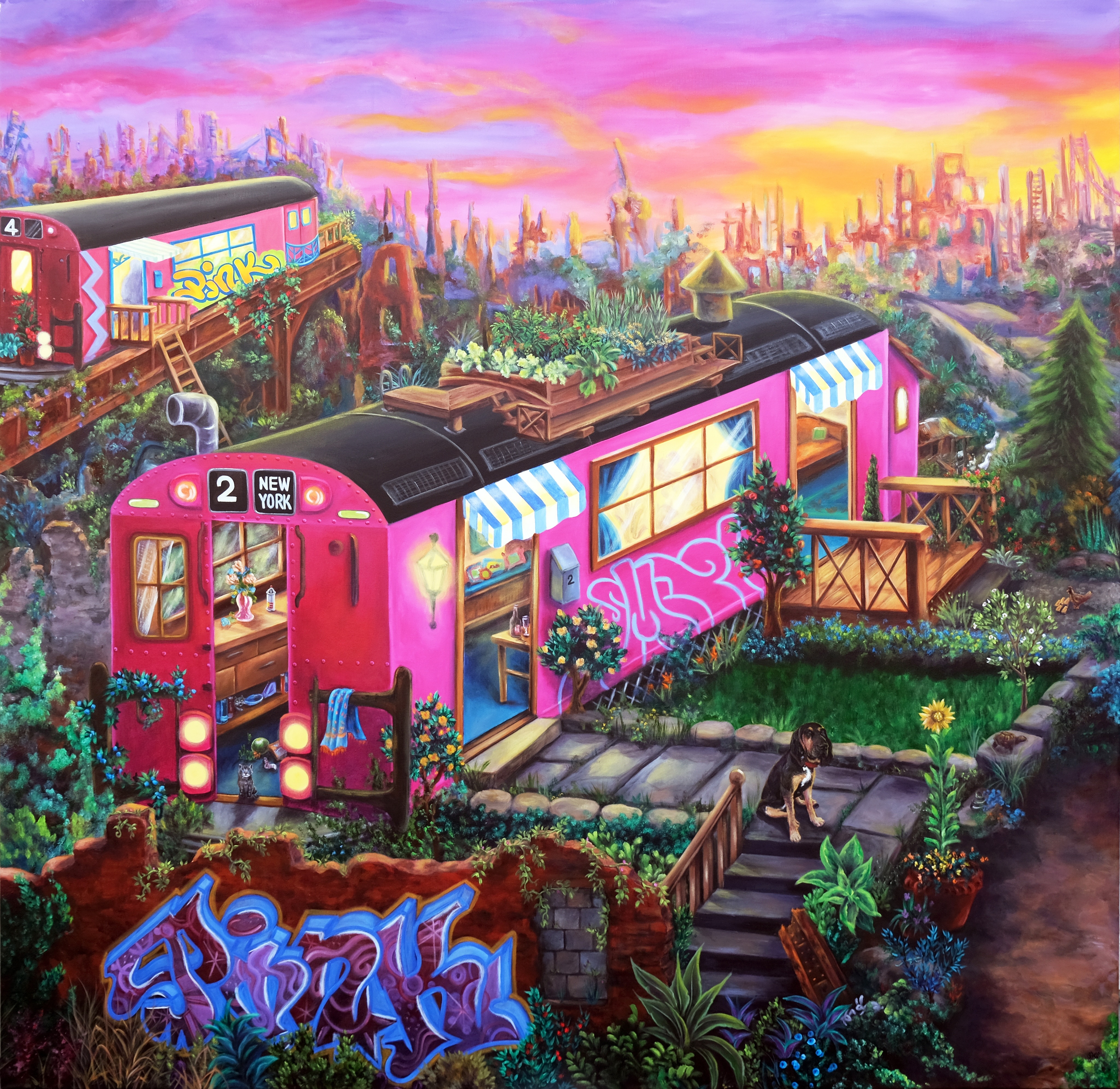 Bright pink train carriage converted to home with rooftop garden, surrounded by green vegetation, purple-pink sunset sky, city skyline background.