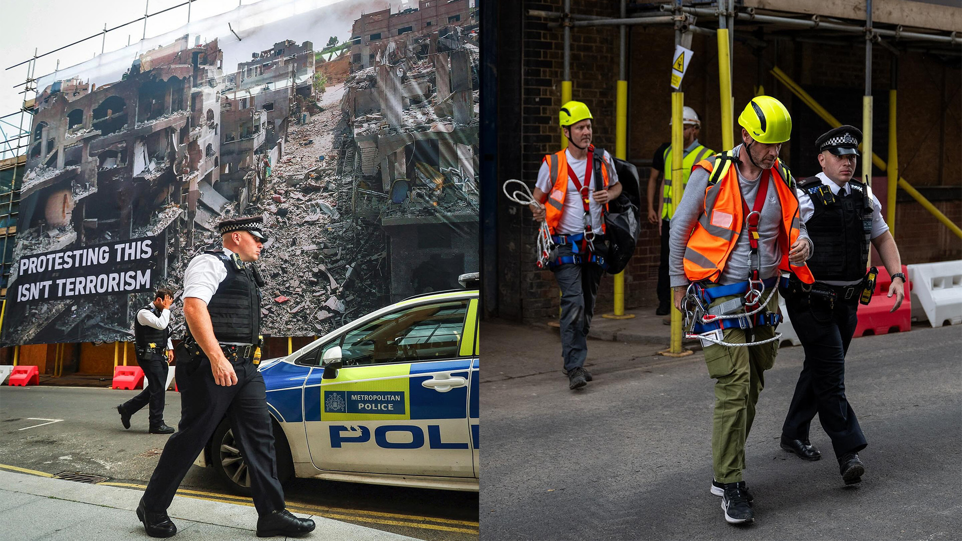 Police officers and construction workers in hi-vis jackets near yellow police car, with large poster showing building destruction in background.