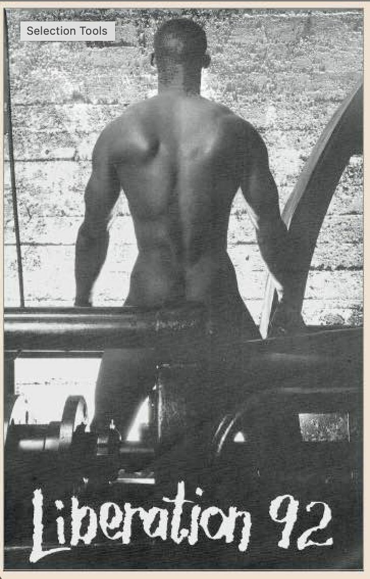 Silhouette of a muscular male figure in black and white, "Liberation 92" text below.