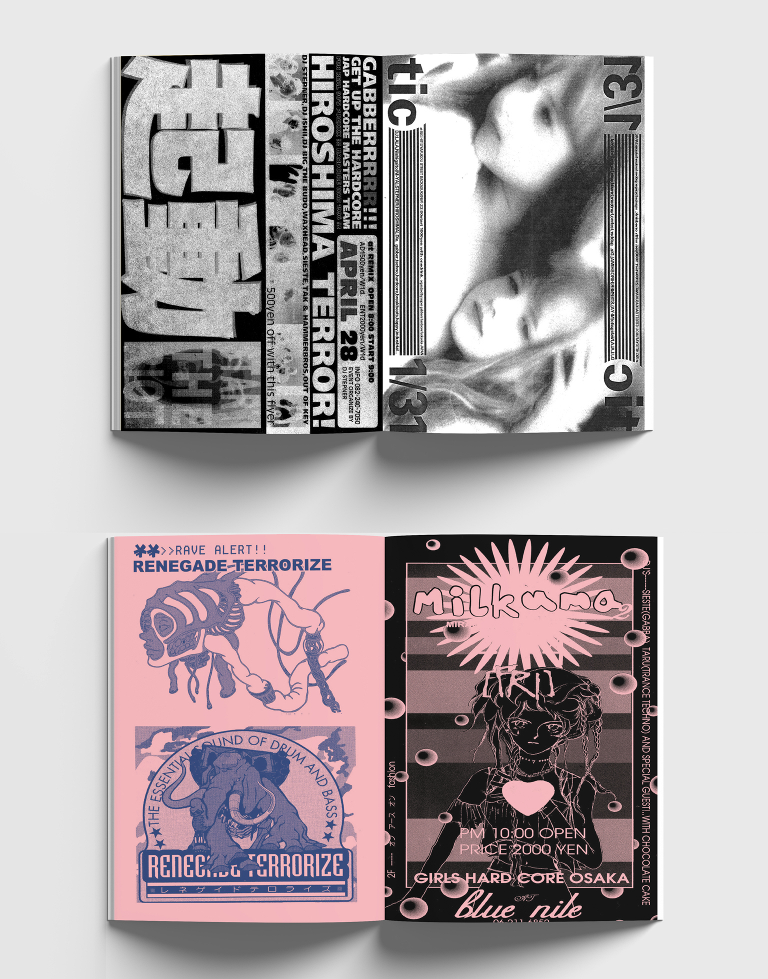 Two open magazines displayed. Top: black and white pages with bold typography and blurred portrait. Bottom: pink page with blue illustrations, black page with spiky text and heart graphic.