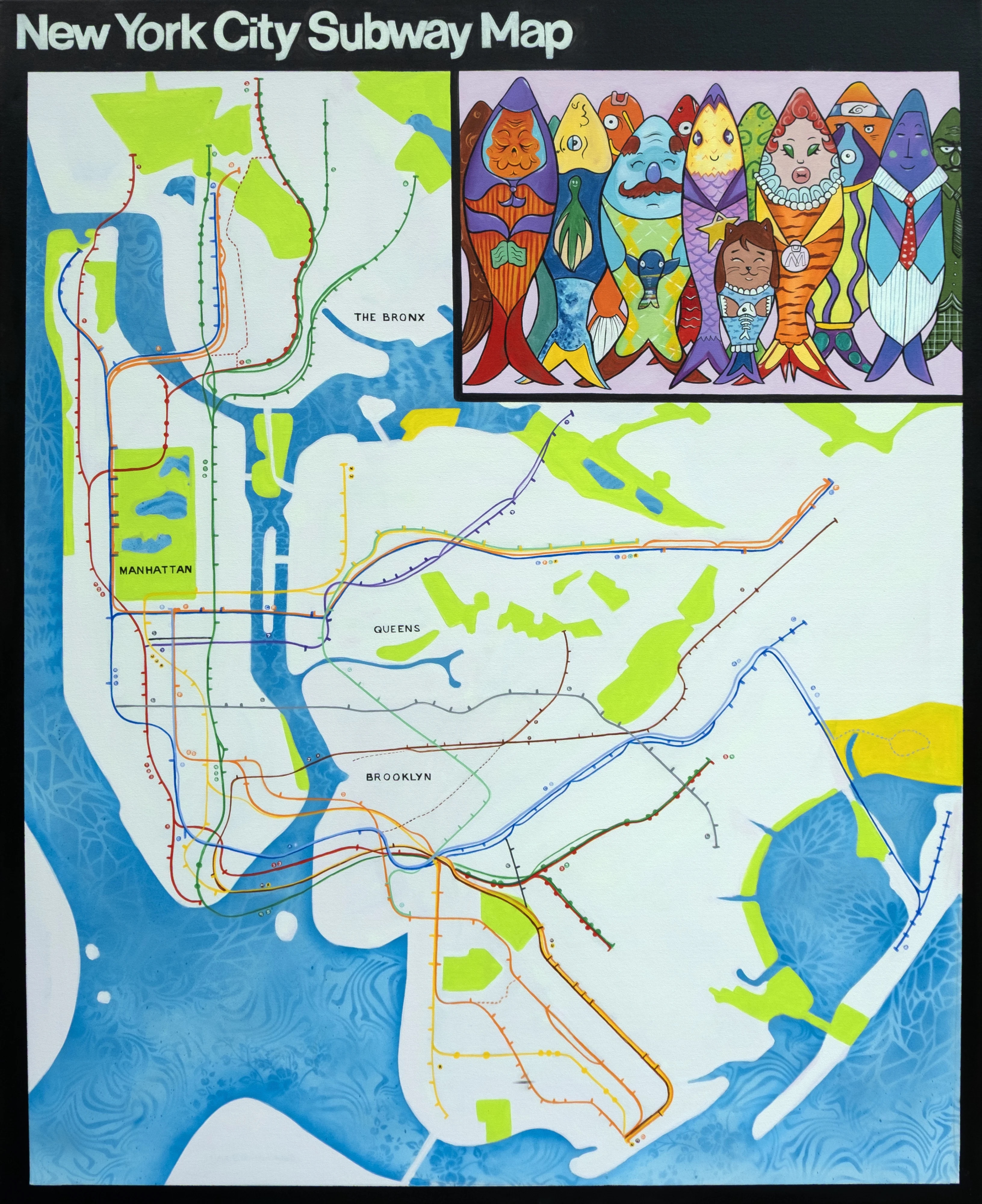 New York City subway map with coloured transit lines on blue and green boroughs. Small inset shows cartoon fish in bright colours.