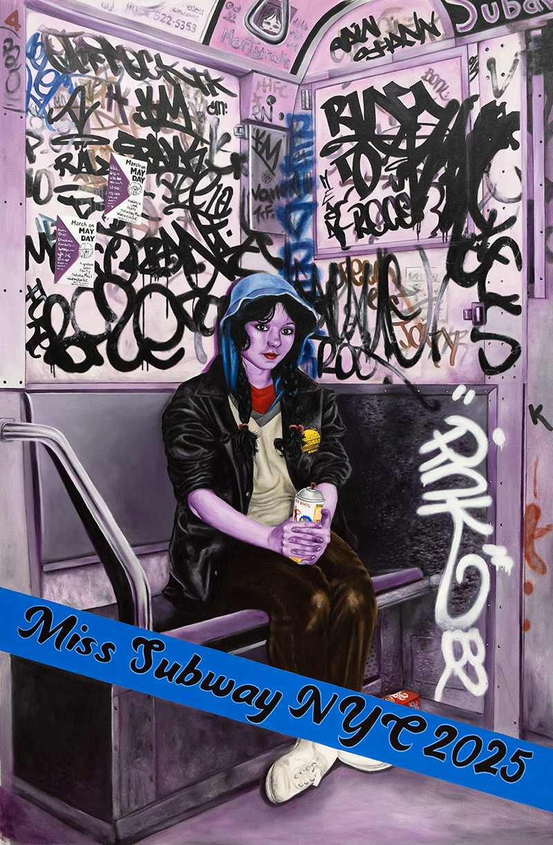 Person in blue hoodie and dark jacket sits on subway seat holding drink. Pink and white train interior covered in black graffiti text.