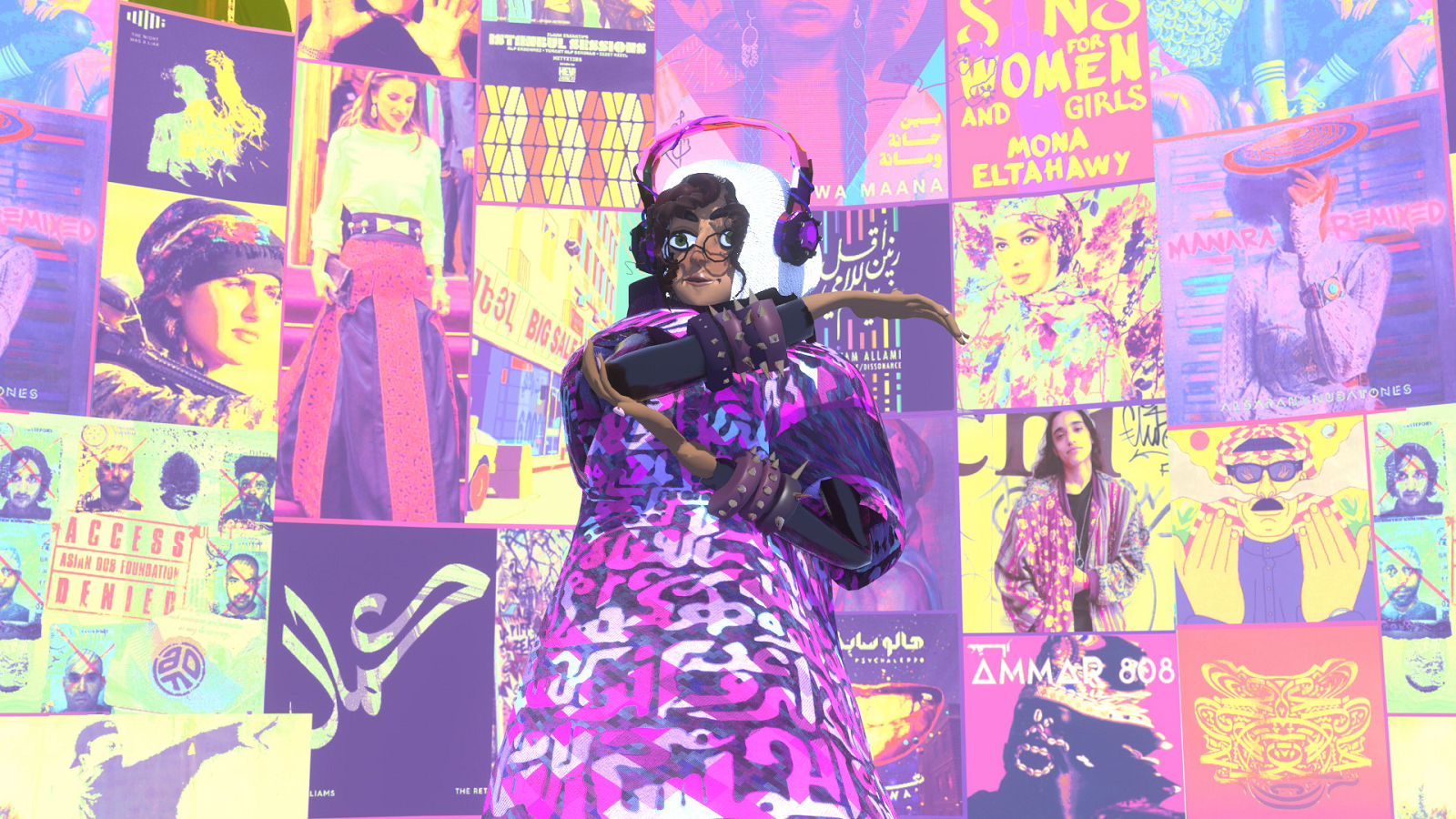 Digital illustration of figure in purple camouflage clothing and headphones against collage background of colourful posters and images.