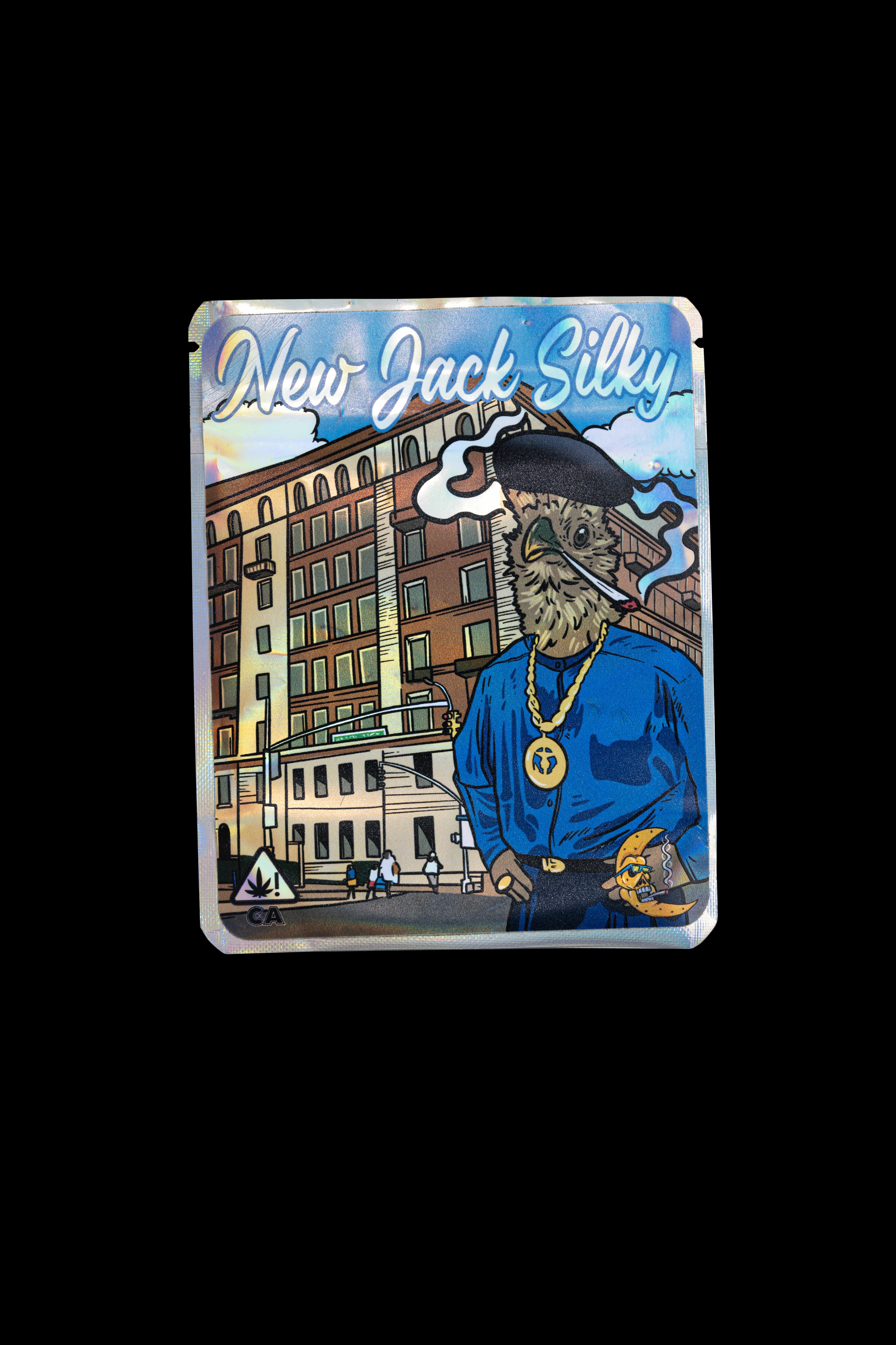 Cartoon illustration of a man with a long beard in blue attire, against a cityscape background with the text "New Jack Silky".