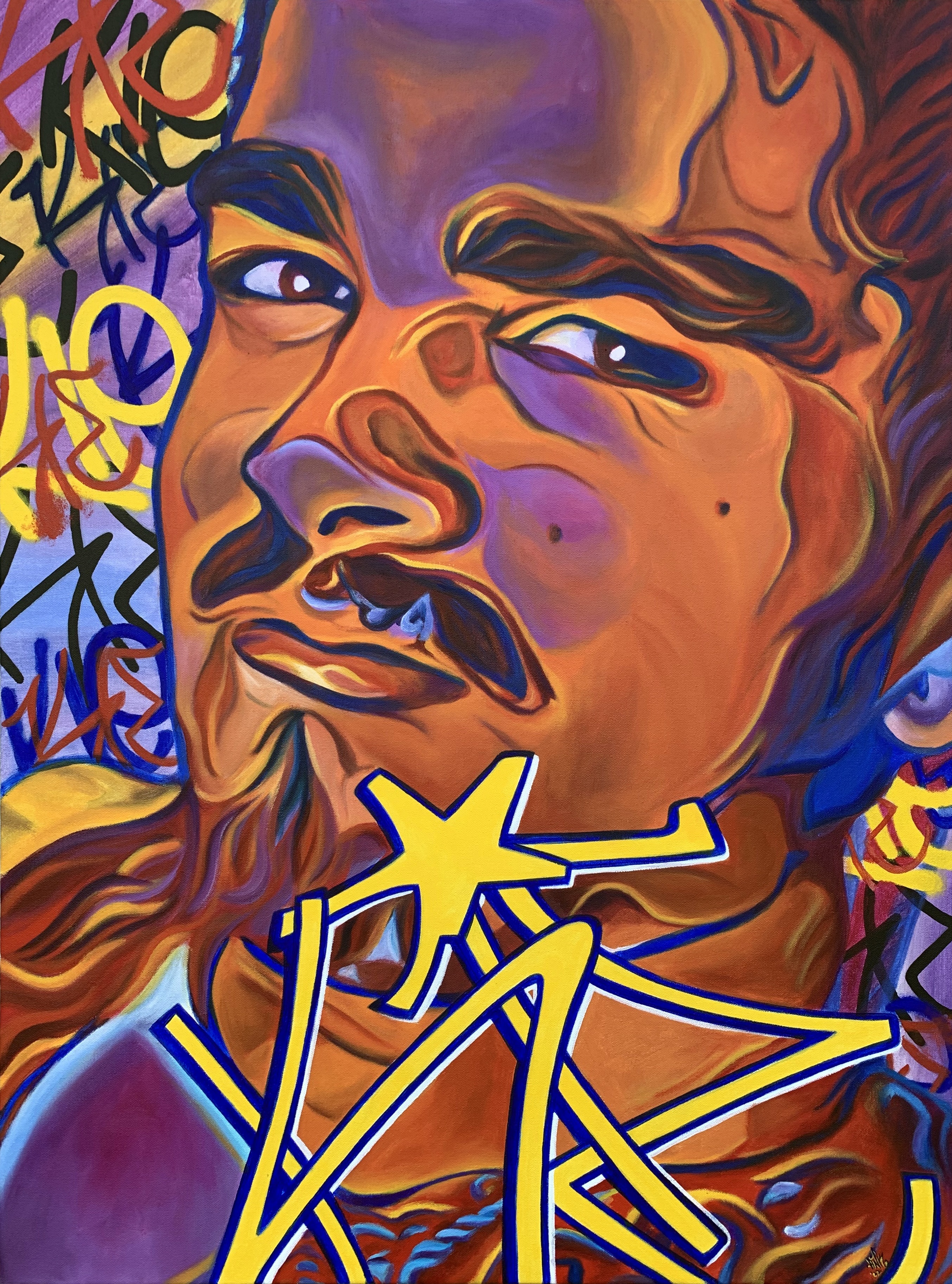 Vibrant graffiti-style portrait with orange and purple tones, featuring bold black outlines and yellow geometric shapes overlaying the composition.