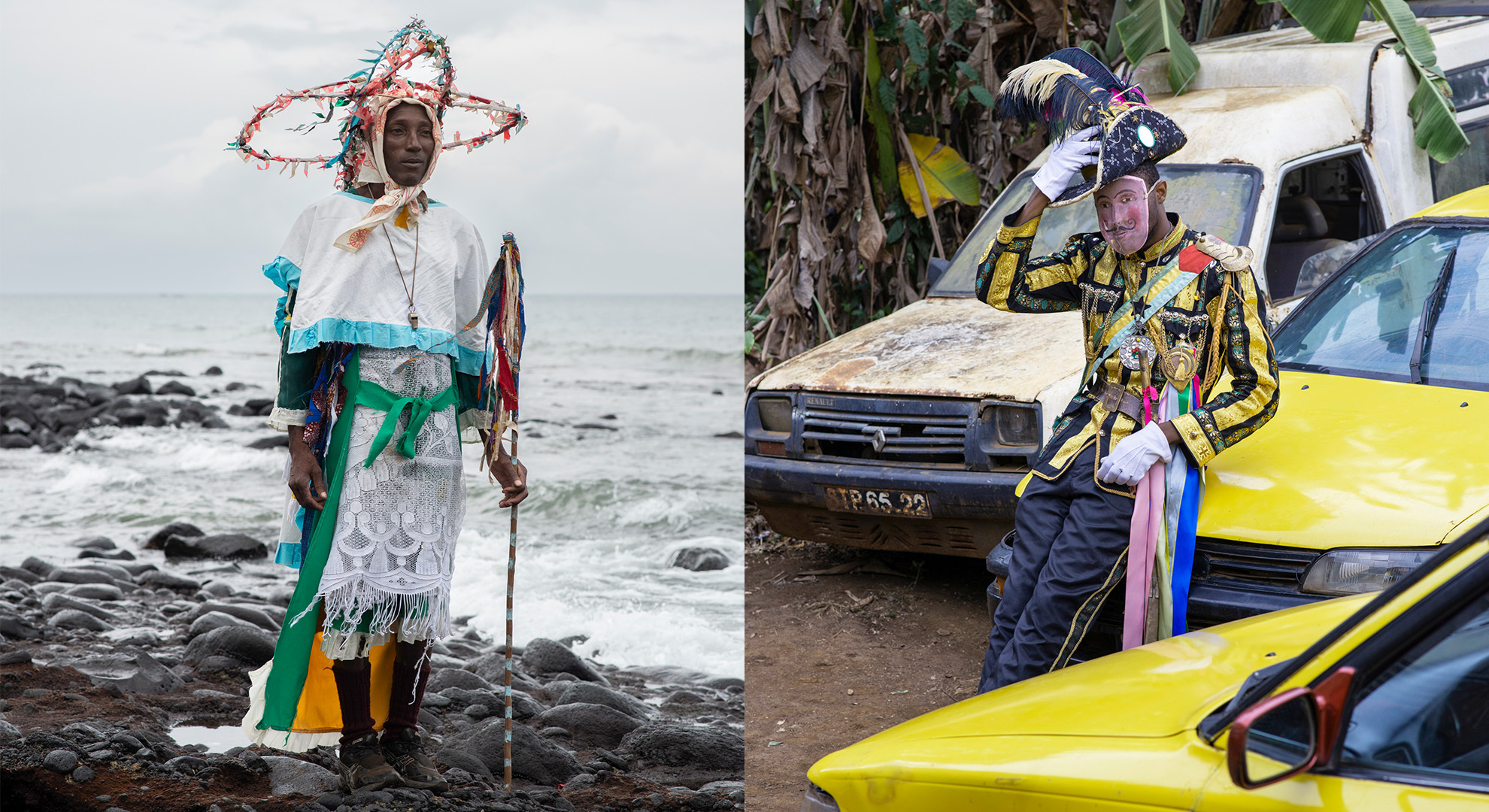 Two costumed figures: left shows person in white dress with colourful ribbons on beach; right shows figure in elaborate costume by yellow vehicle.
