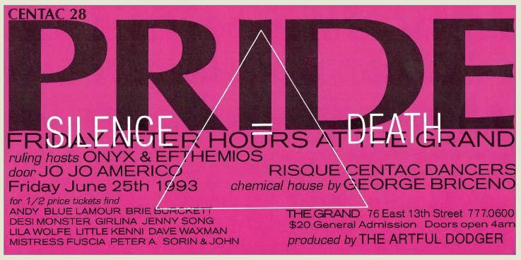 Magenta poster with bold text: "PRIDE Silence=Death Radio Grand". Features artists like Onyx, Hemios, and Jo Jo Americo. Emphasises the theme of "silence equals death".