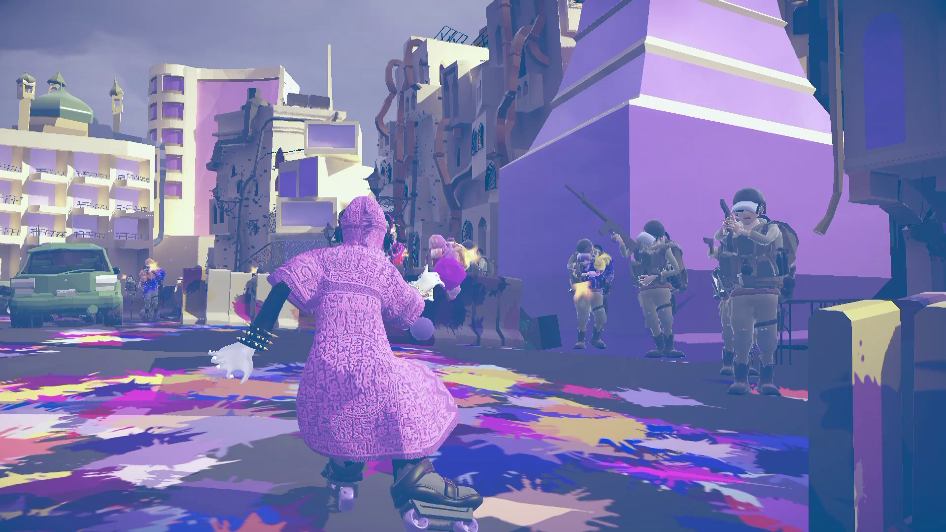 Digital artwork showing purple and pink figures in urban setting with colourful paint splashes across ground and purple-tinted buildings.